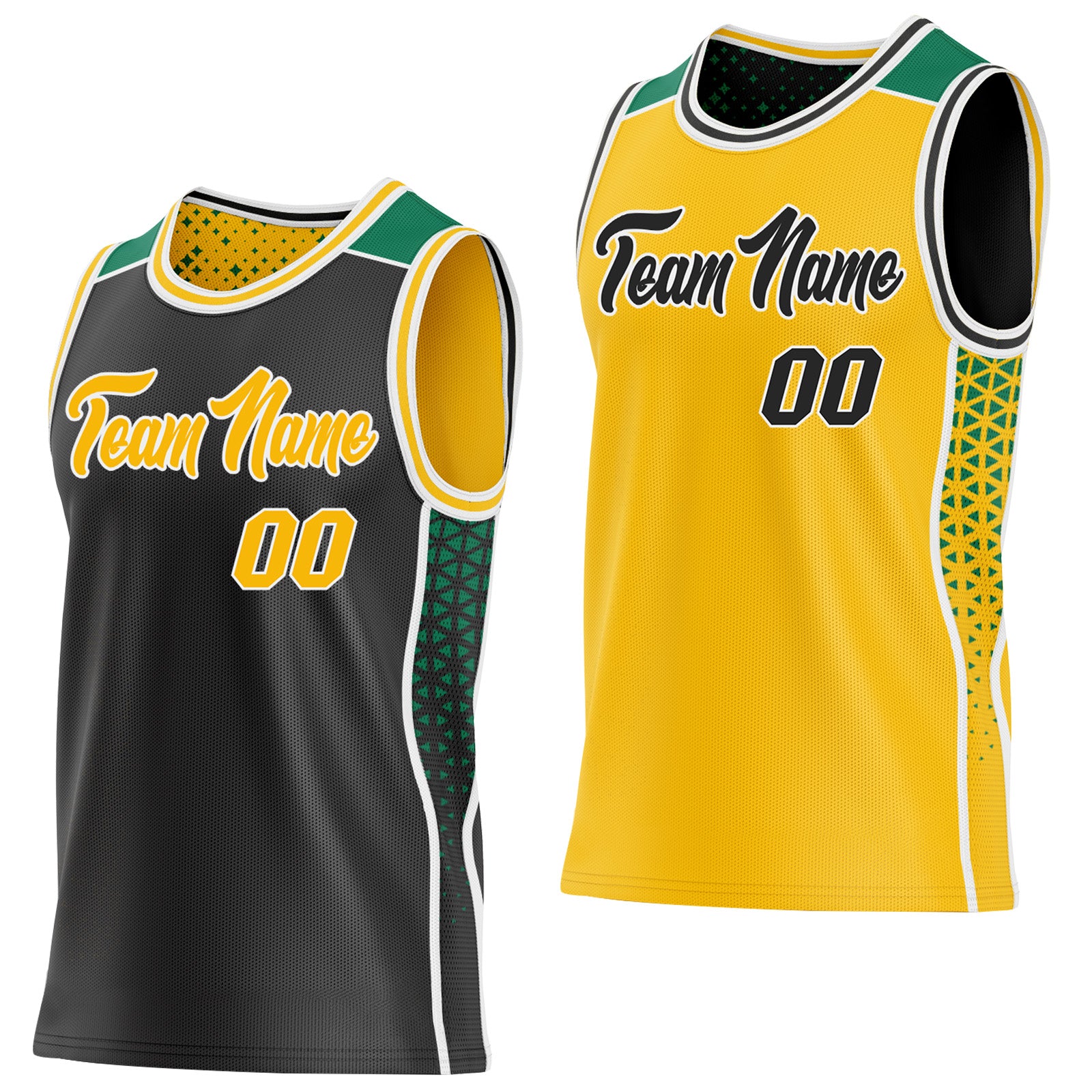 FansIdea Custom Black Gold White-Kelly Green Side Panel Stripe Geometric Triangle Gradient Dot Reversible Double Side Sublimation Basketball Set Jersey - $17.99 at Proof Eyewear