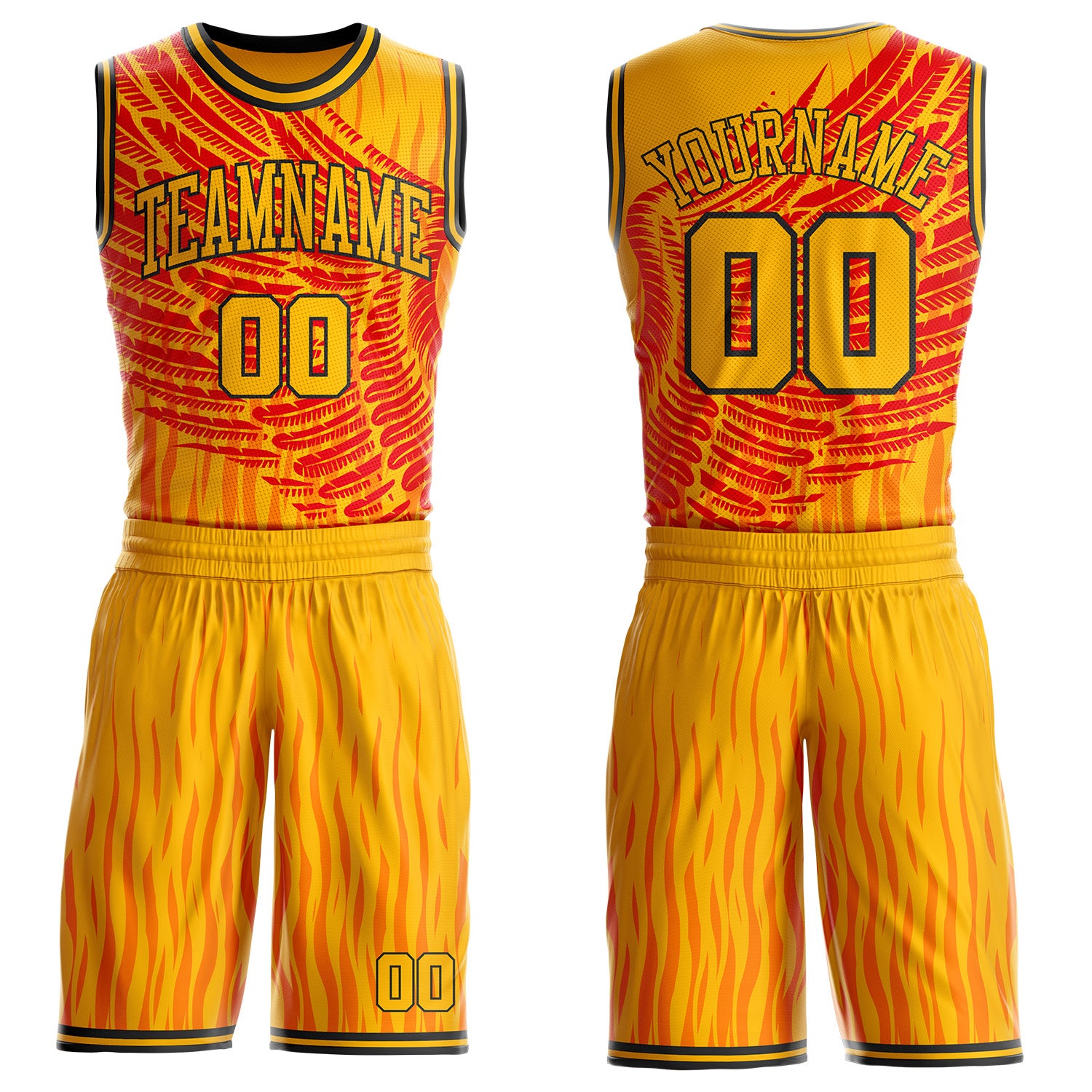 FansIdea Custom Gold Red-Black Fire Wing Boho Style Round Neck Sublimation Basketball Uniform Jersey - $25.99 at Proof Eyewear