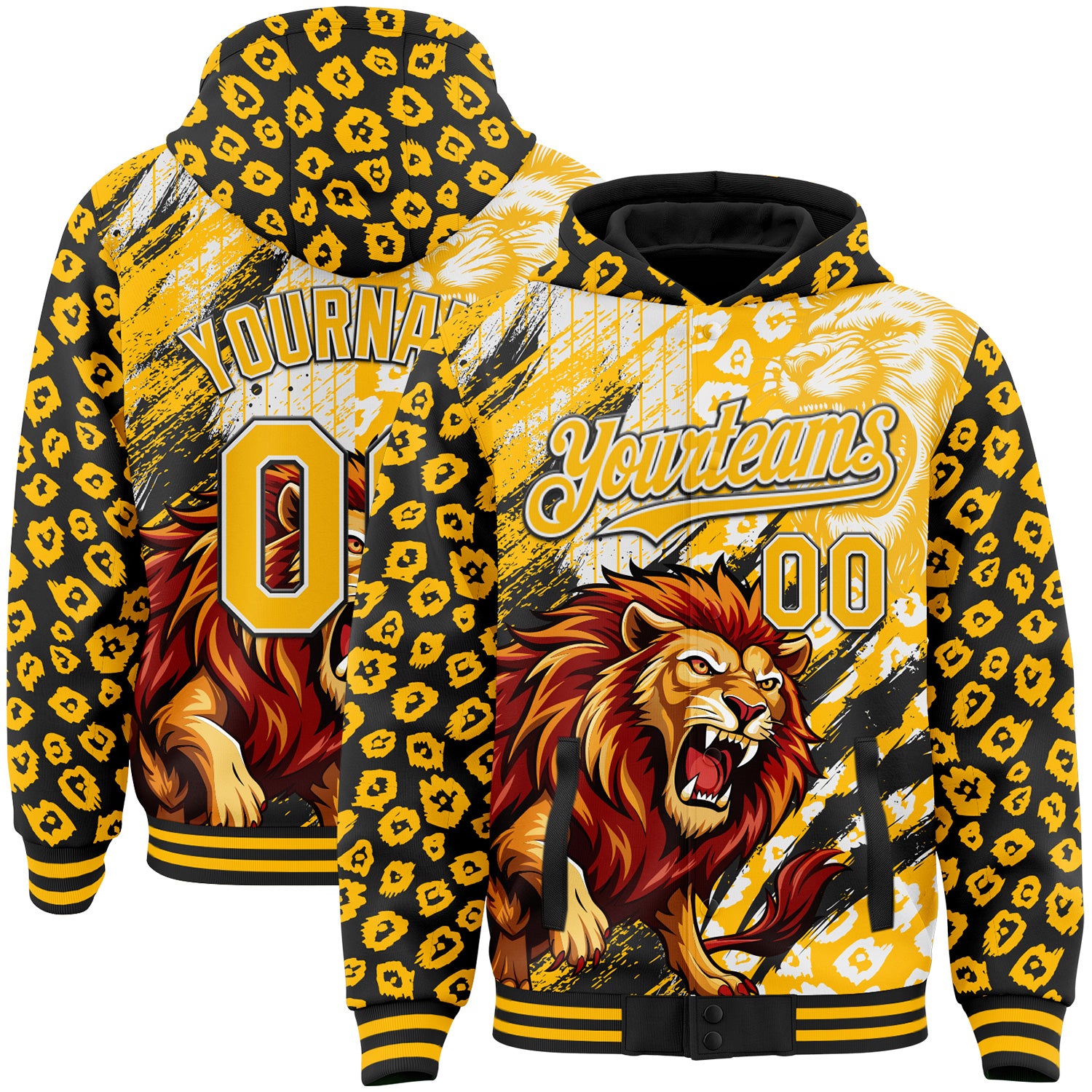FansIdea Custom Black Gold-White Loin Claw Scratch Leopard Print Bomber Full-Snap Varsity Letterman Hoodie Jacket - $38.99 at Proof Eyewear