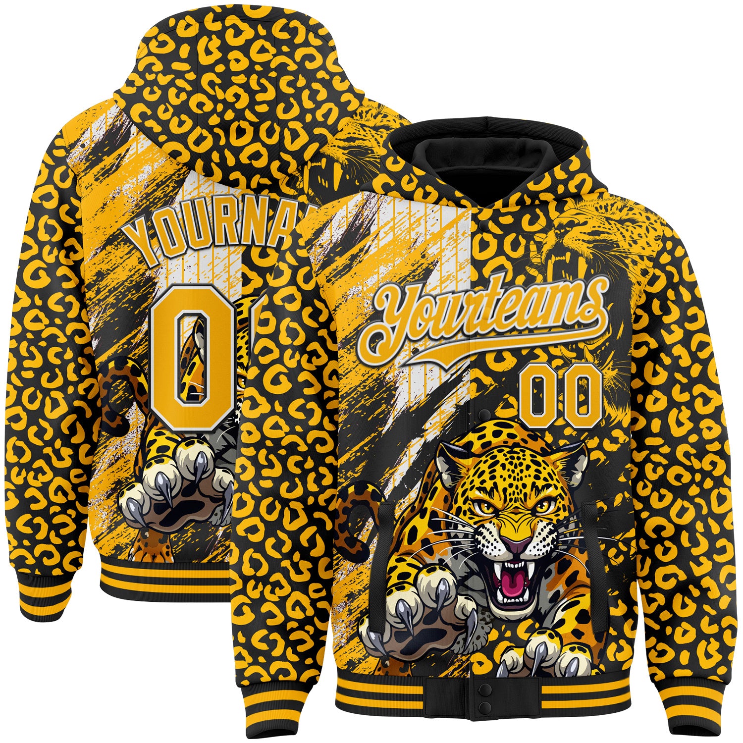 FansIdea Custom Black Gold-White Leopard Claw Scratch Leopard Print Bomber Full-Snap Varsity Letterman Hoodie Jacket - $38.99 at Proof Eyewear