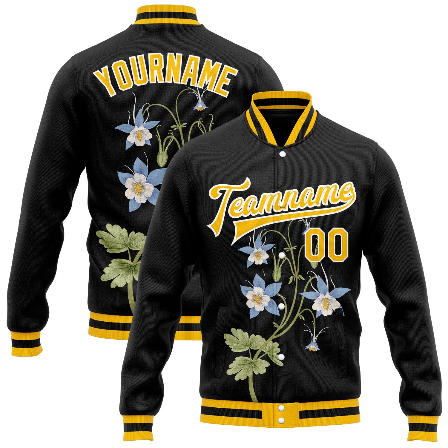 FansIdea Custom Black Gold-White Colorado State Flower Rocky Mountain Columbine Bomber Full-Snap Varsity Letterman Jacket - $38.99 at Proof Eyewear