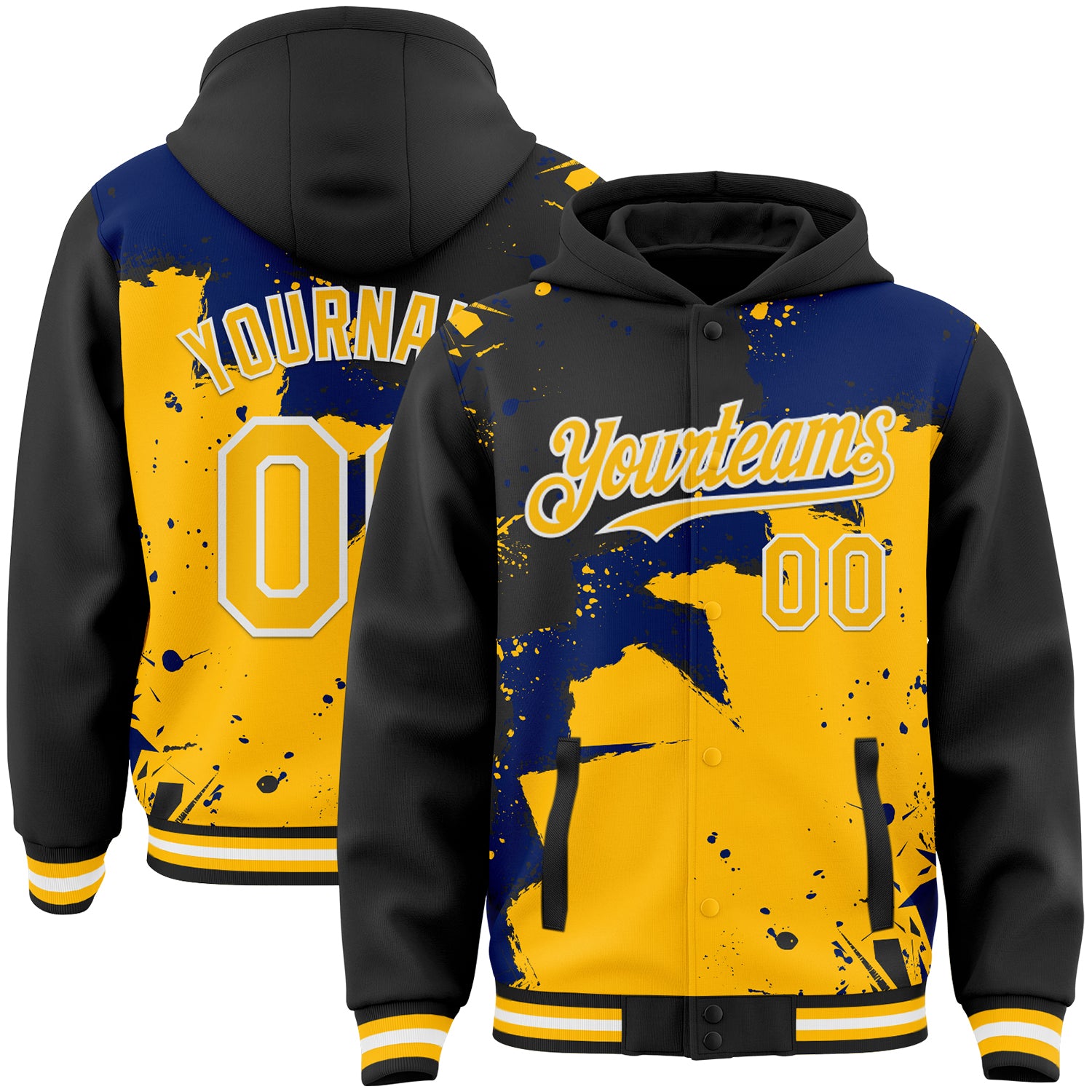 FansIdea Custom Black Gold Royal-White Torn Paper Style Paint Splatter Bomber Full-Snap Varsity Letterman Hoodie Jacket - $38.99 at Proof Eyewear