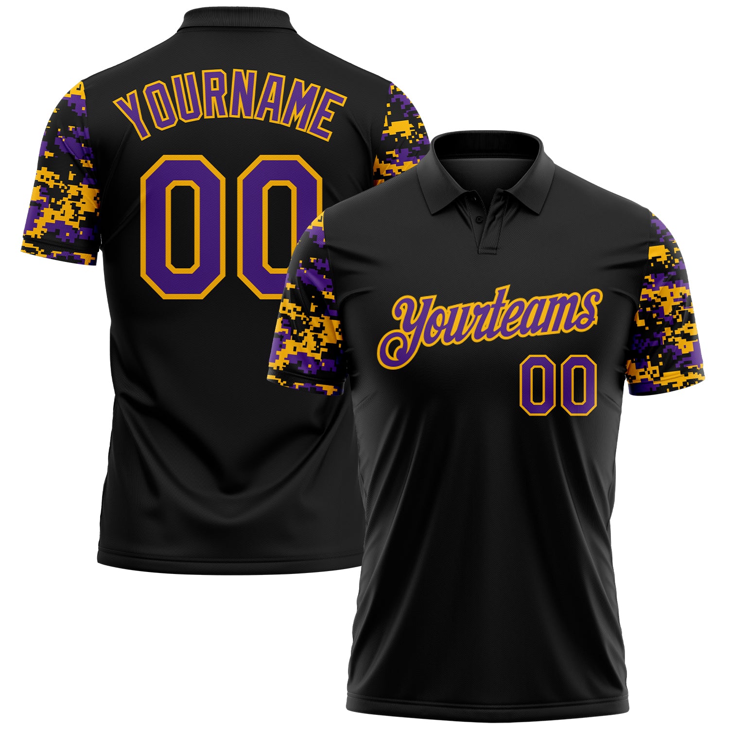 FansIdea Custom Black Purple-Gold Digital Camo Two Tone Performance Polo Shirt - $19.99 at Proof Eyewear