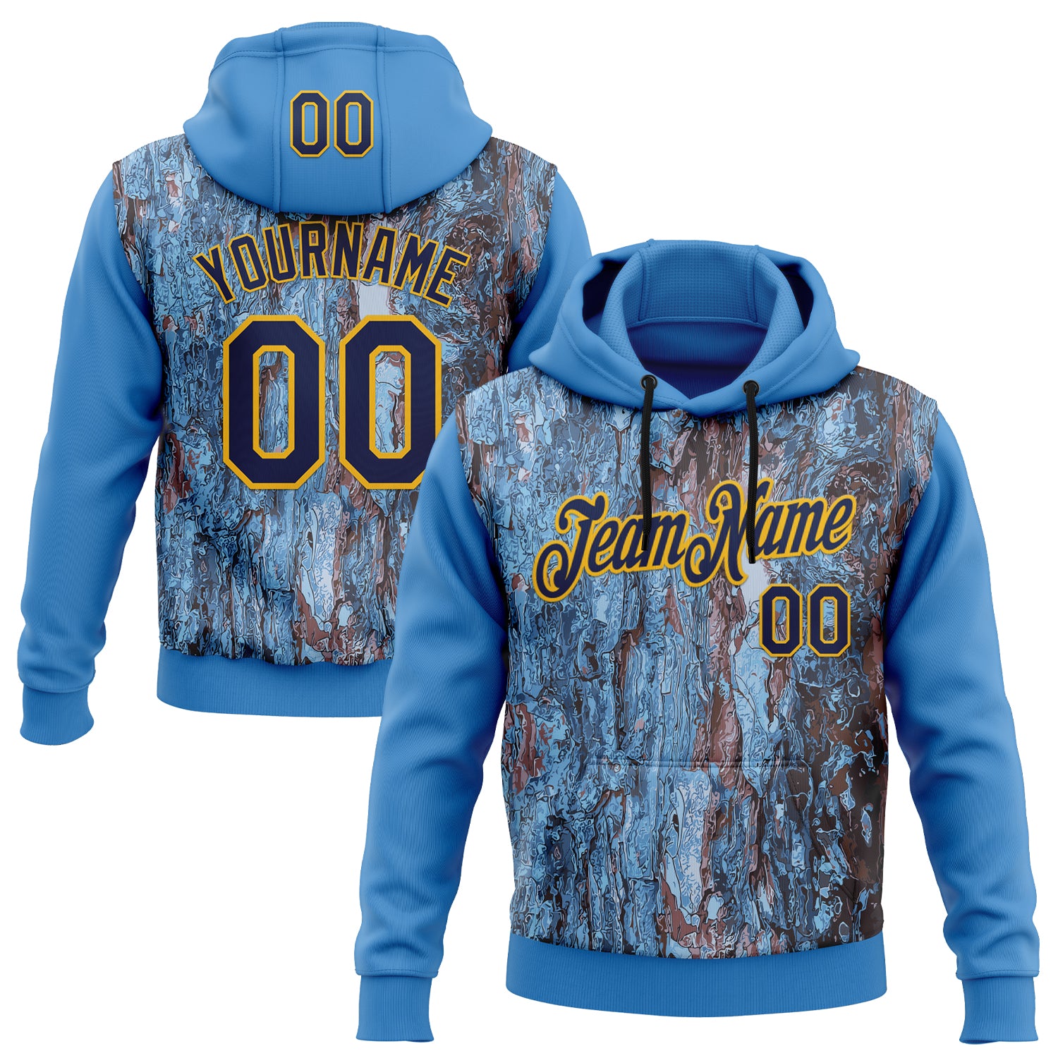 FansIdea Custom Stitched Blue Navy-Gold 3D Pattern Design Tree Camo Hunting Sports Pullover Sweatshirt Hoodie - $32.99 at Proof Eyewear