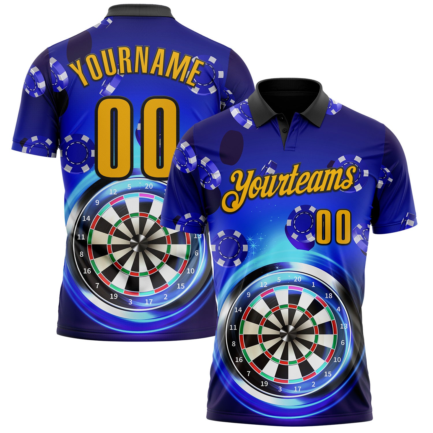 FansIdea Custom Blue Gold-Black Darts Poker Chips Performance Polo Shirt - $19.99 at Proof Eyewear