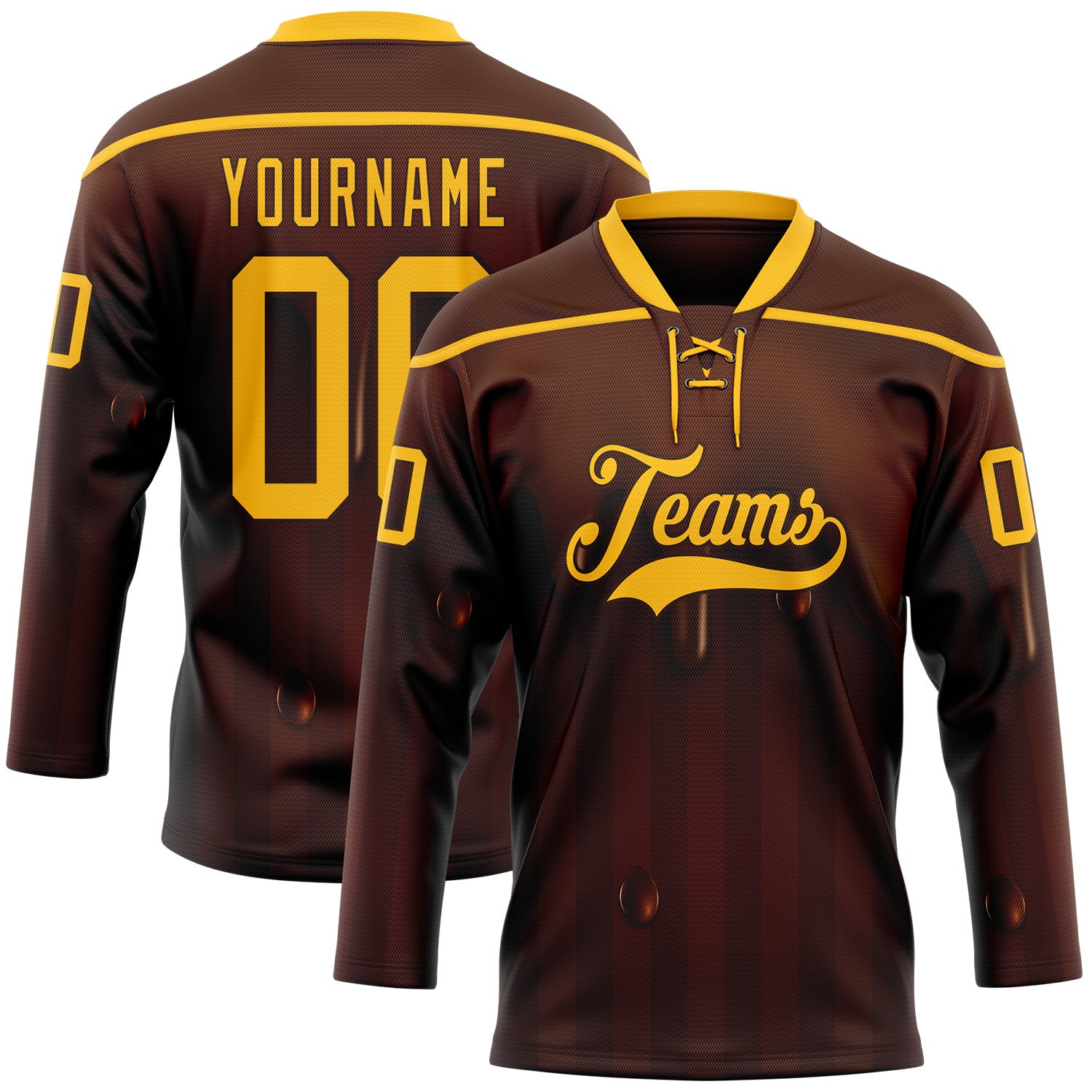 FansIdea Custom Brown-Gold Melting Foodie Chocolate Lace Neck Hockey Jersey - $29.99 at Proof Eyewear