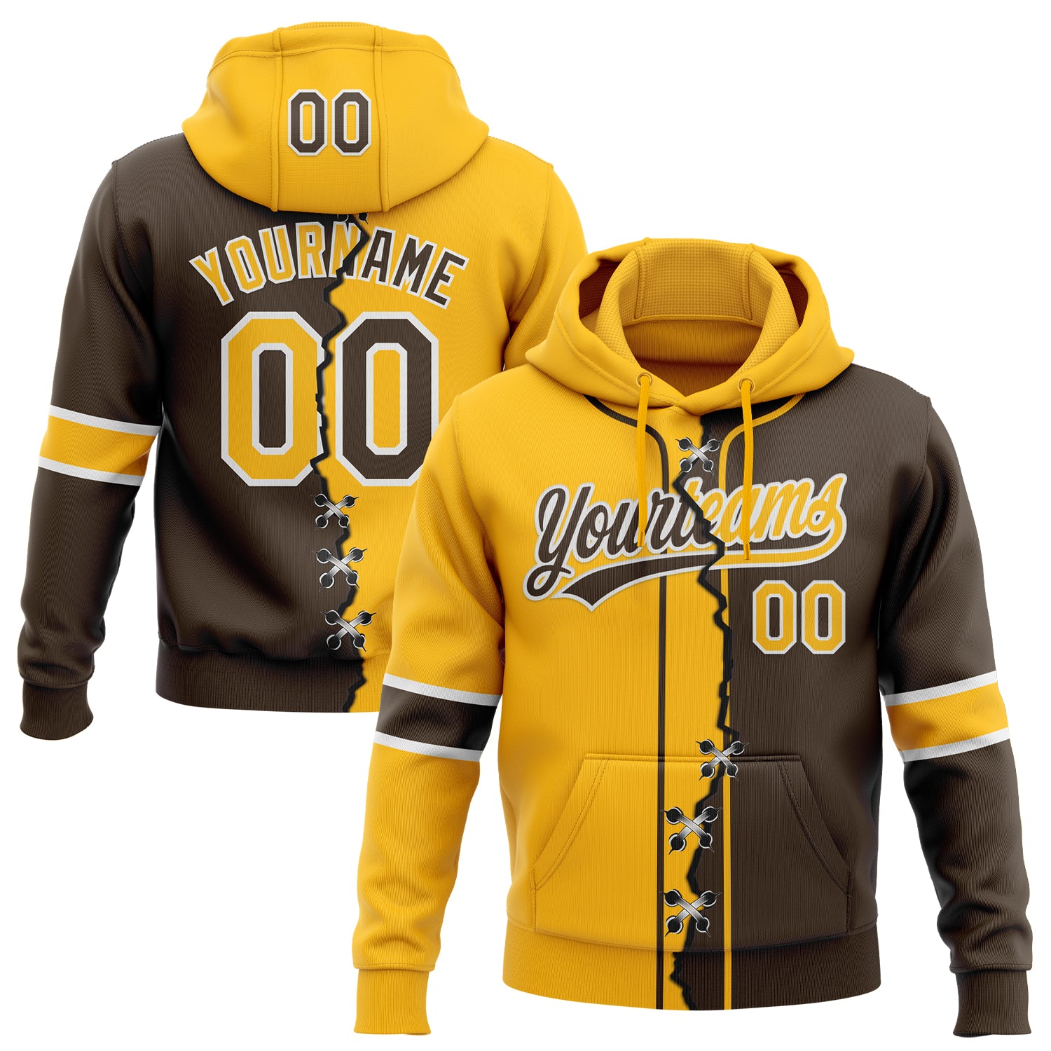 FansIdea Custom Brown Gold-White Split Ripped Pattern Baseball Pullover Sweatshirt Hoodie - $32.99 at Proof Eyewear