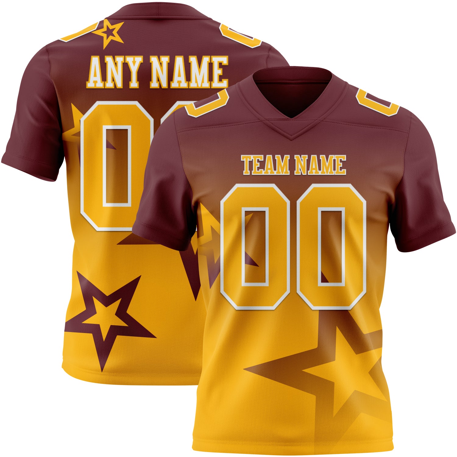 FansIdea Custom Burgundy Gold-White Authentic Gradient Style Twinkle Star Football Jersey - $19.99 at Proof Eyewear