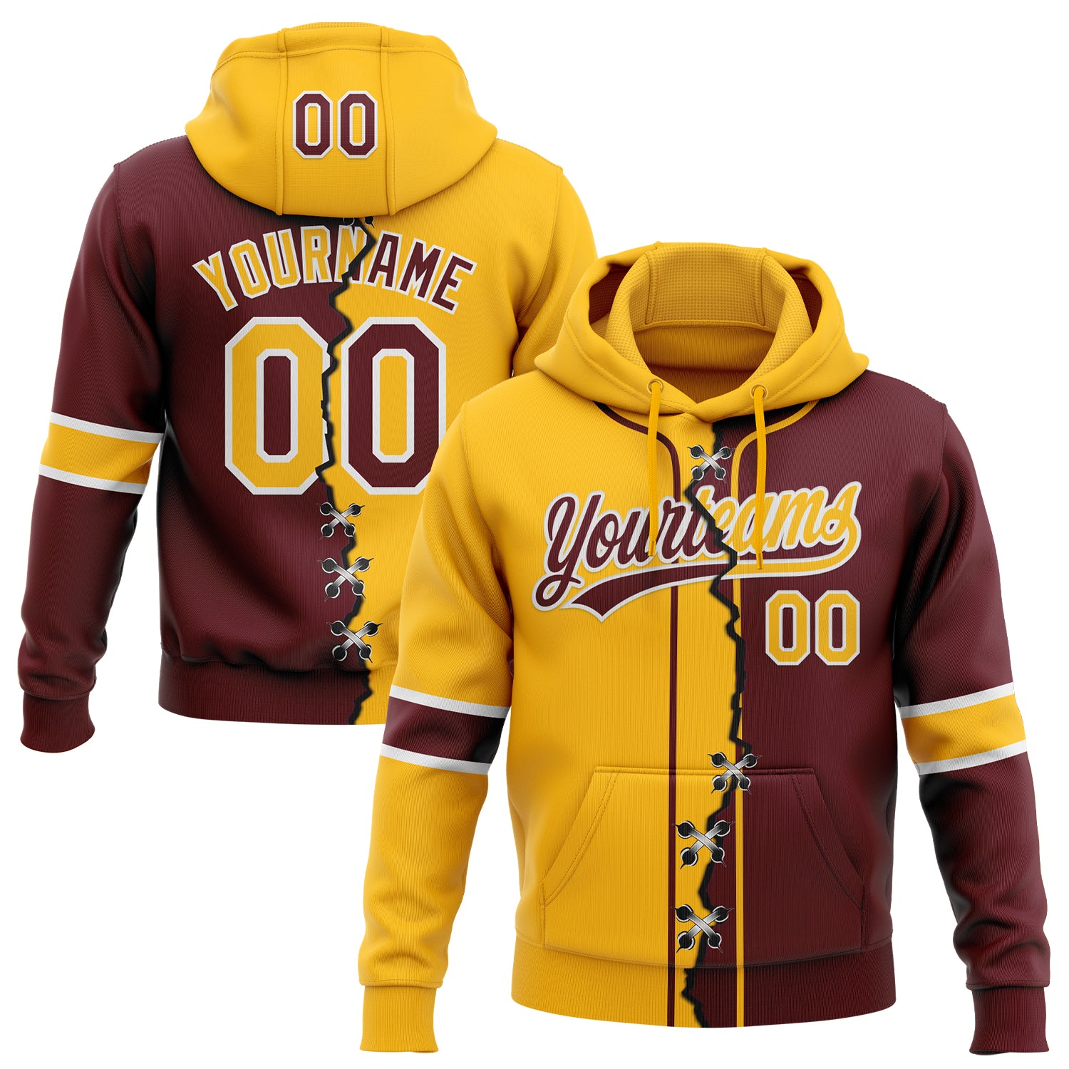 FansIdea Custom Burgundy Gold-White Split Ripped Pattern Baseball Pullover Sweatshirt Hoodie - $32.99 at Proof Eyewear