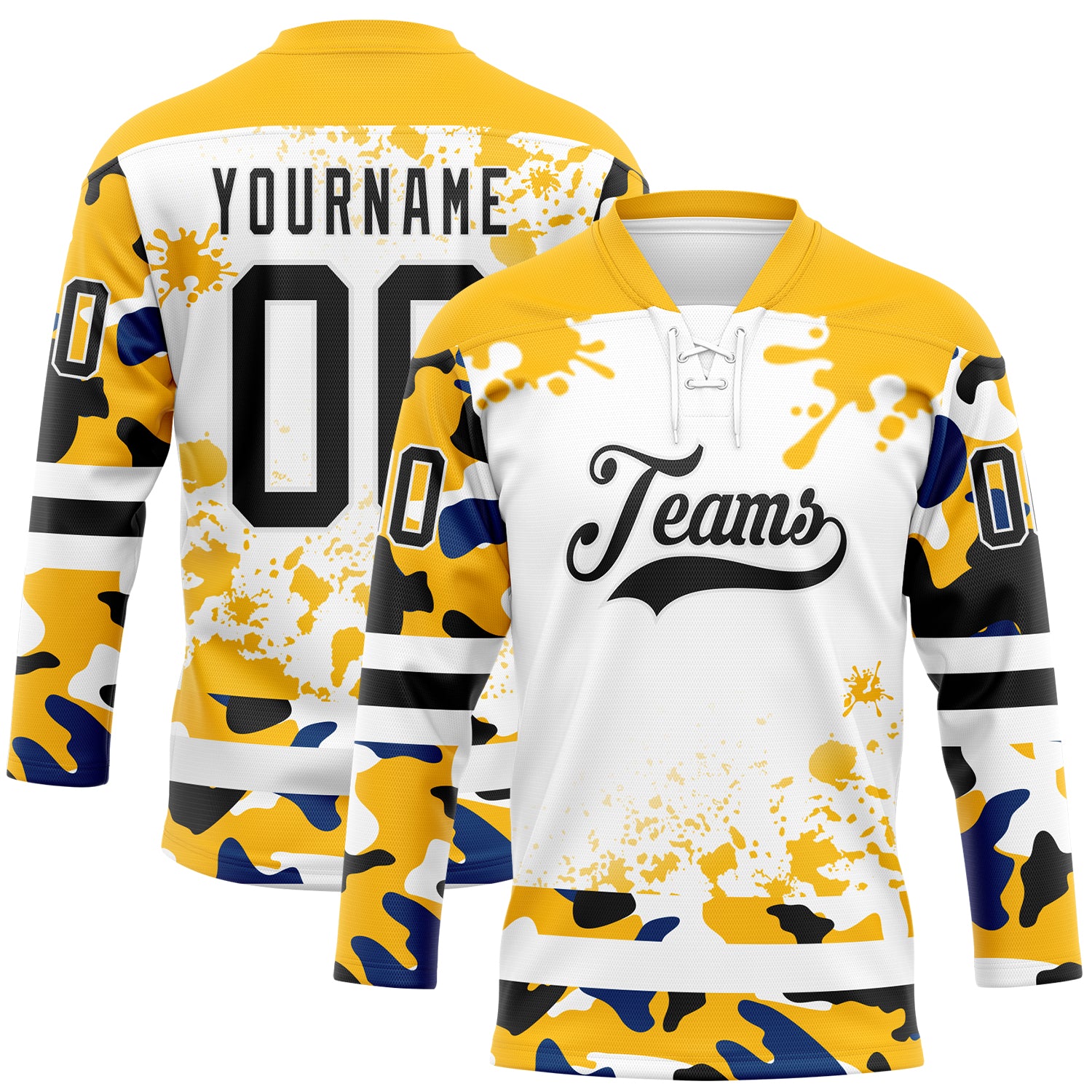 FansIdea Custom Camo Black Gold-White Splash Hockey Lace Neck Jersey - $29.99 at Proof Eyewear