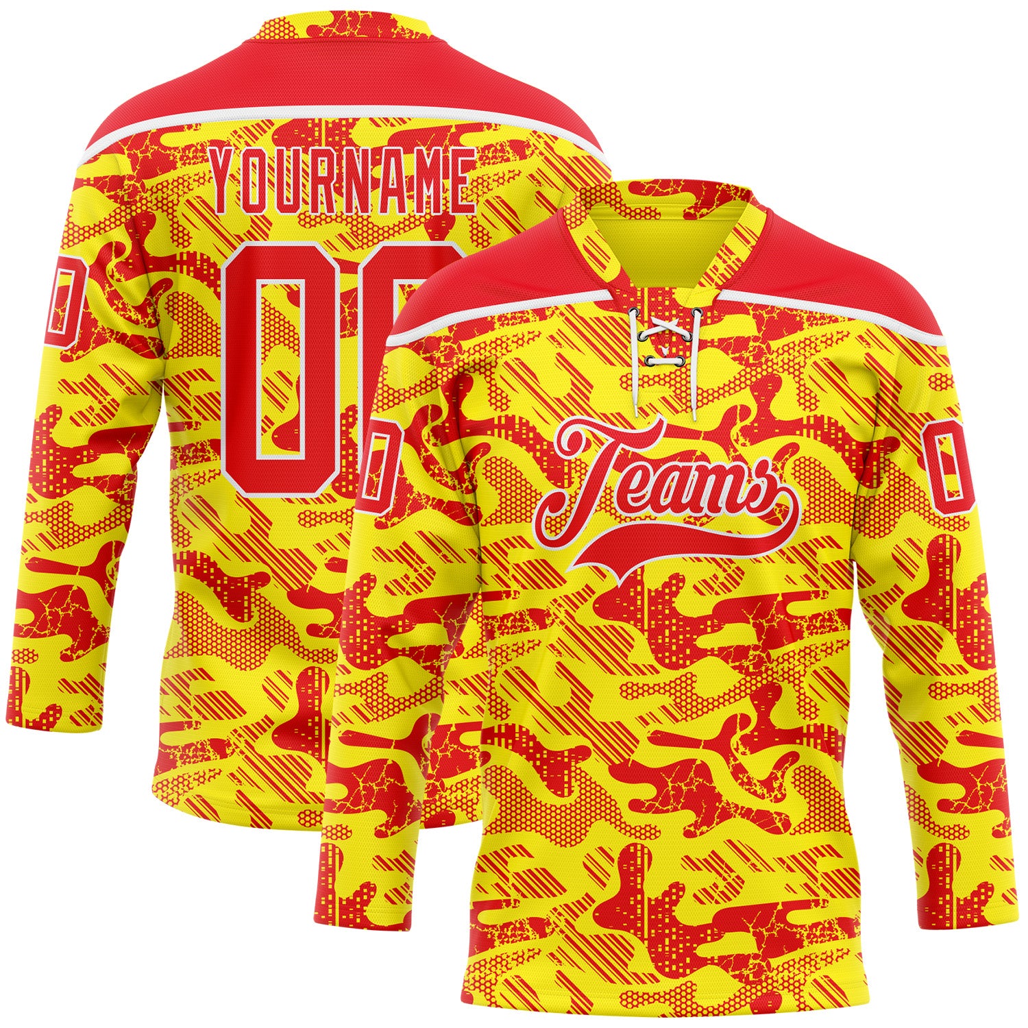 FansIdea Custom Camo Fire Red Gold-White 3D Camouflage Hockey Lace Neck Jersey - $29.99 at Proof Eyewear