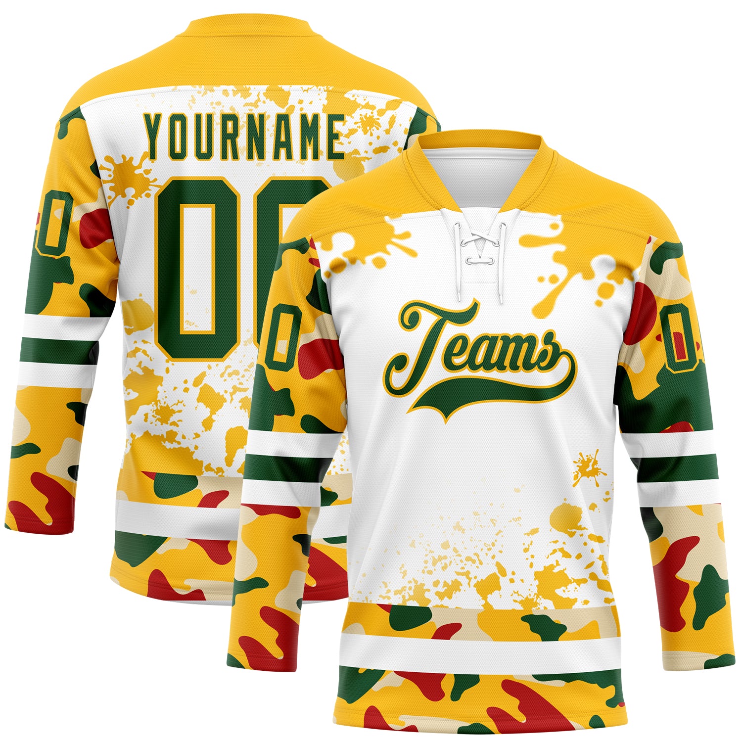 FansIdea Custom Camo Green Gold-White Splash Hockey Lace Neck Jersey - $29.99 at Proof Eyewear