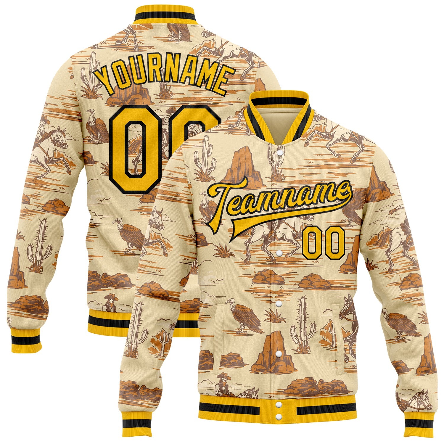 FansIdea Custom City Cream Gold Black-White Wild Western Cowboy Cactus Bomber Full-Snap Varsity Letterman Jacket - $38.99 at Proof Eyewear