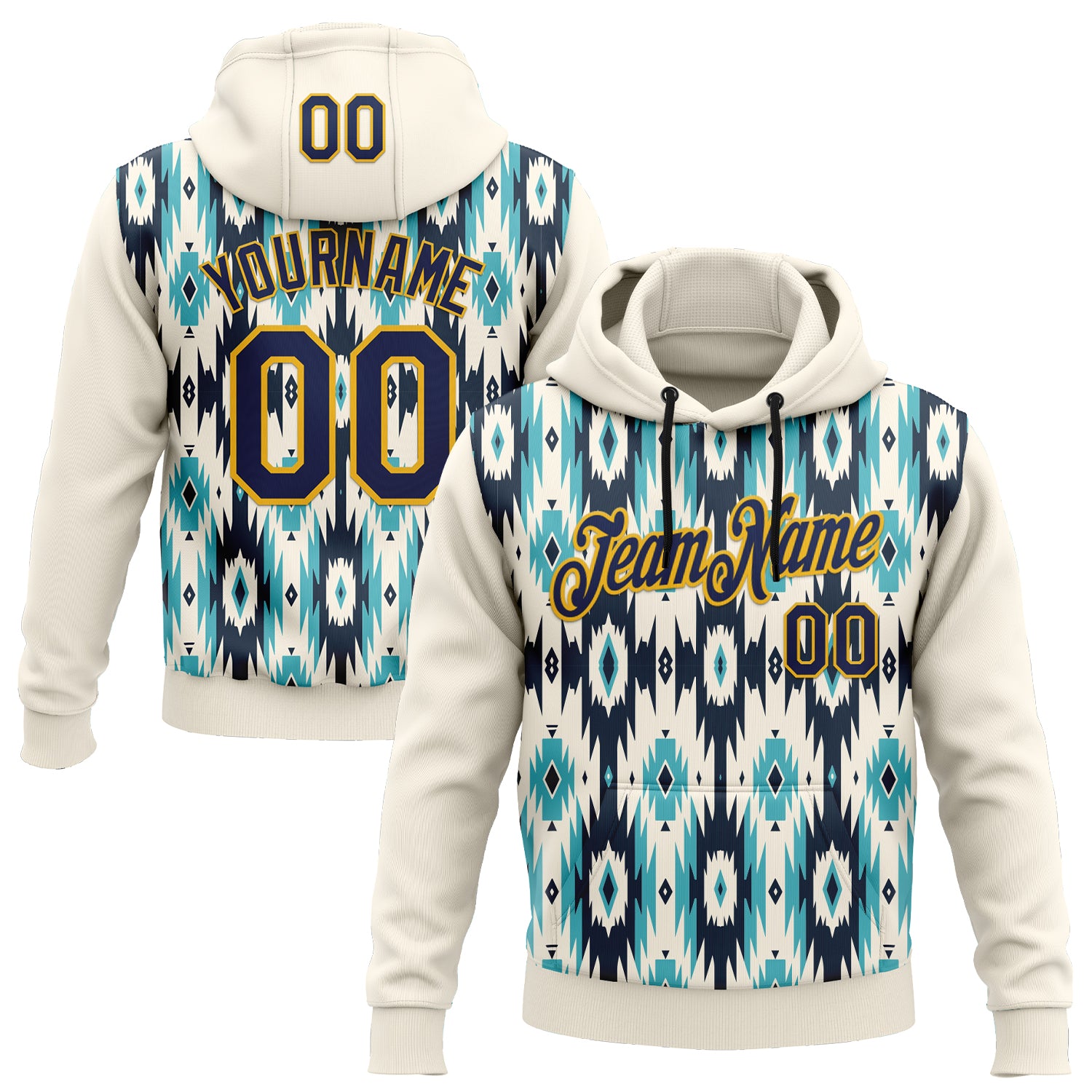 FansIdea Custom Stitched Cream Navy-Gold 3D Pattern Design Tribal Ethnic Native American Sports Pullover Sweatshirt Hoodie - $32.99 at Proof Eyewear
