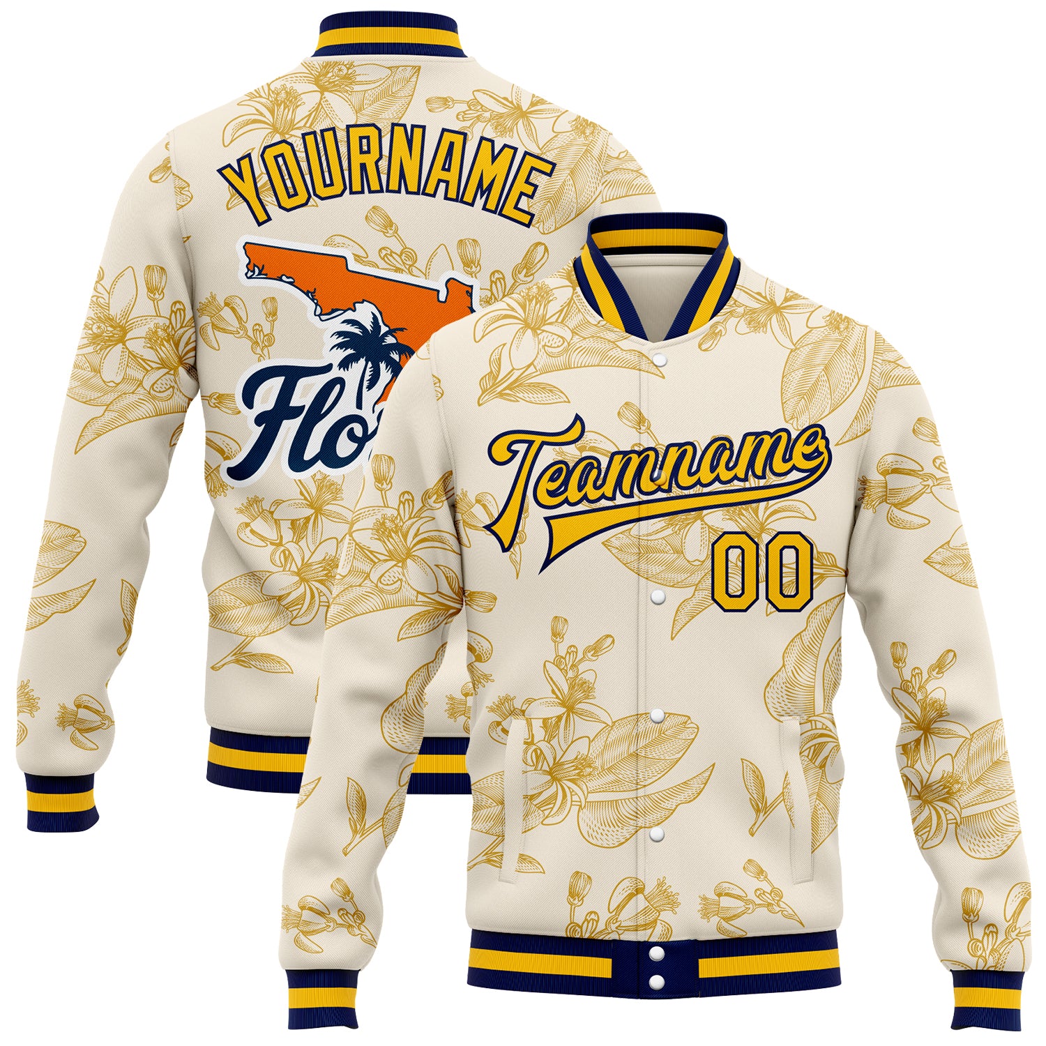 FansIdea Custom Cream Gold Navy-White Florida State Flower Orange Blossom Bomber Full-Snap Varsity Letterman Jacket - $38.99 at Proof Eyewear