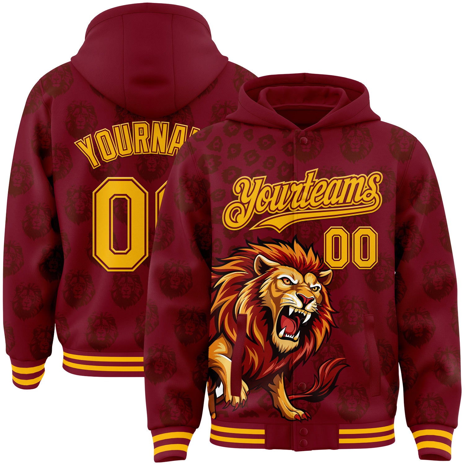 FansIdea Custom Crimson-Gold Lion Leopard Print Bomber Full-Snap Varsity Letterman Hoodie Jacket - $38.99 at Proof Eyewear