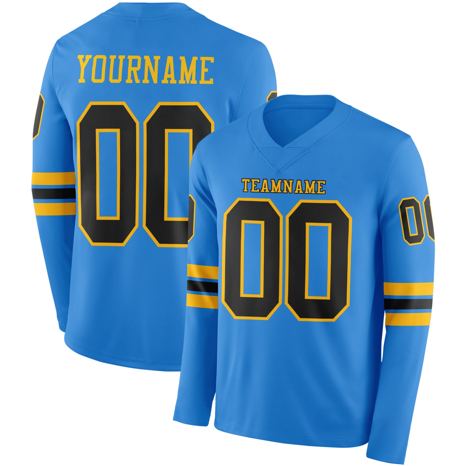 FansIdea Custom Powder Blue Black-Gold Long Sleeve Authentic Football Jersey - $24.99 at Proof Eyewear
