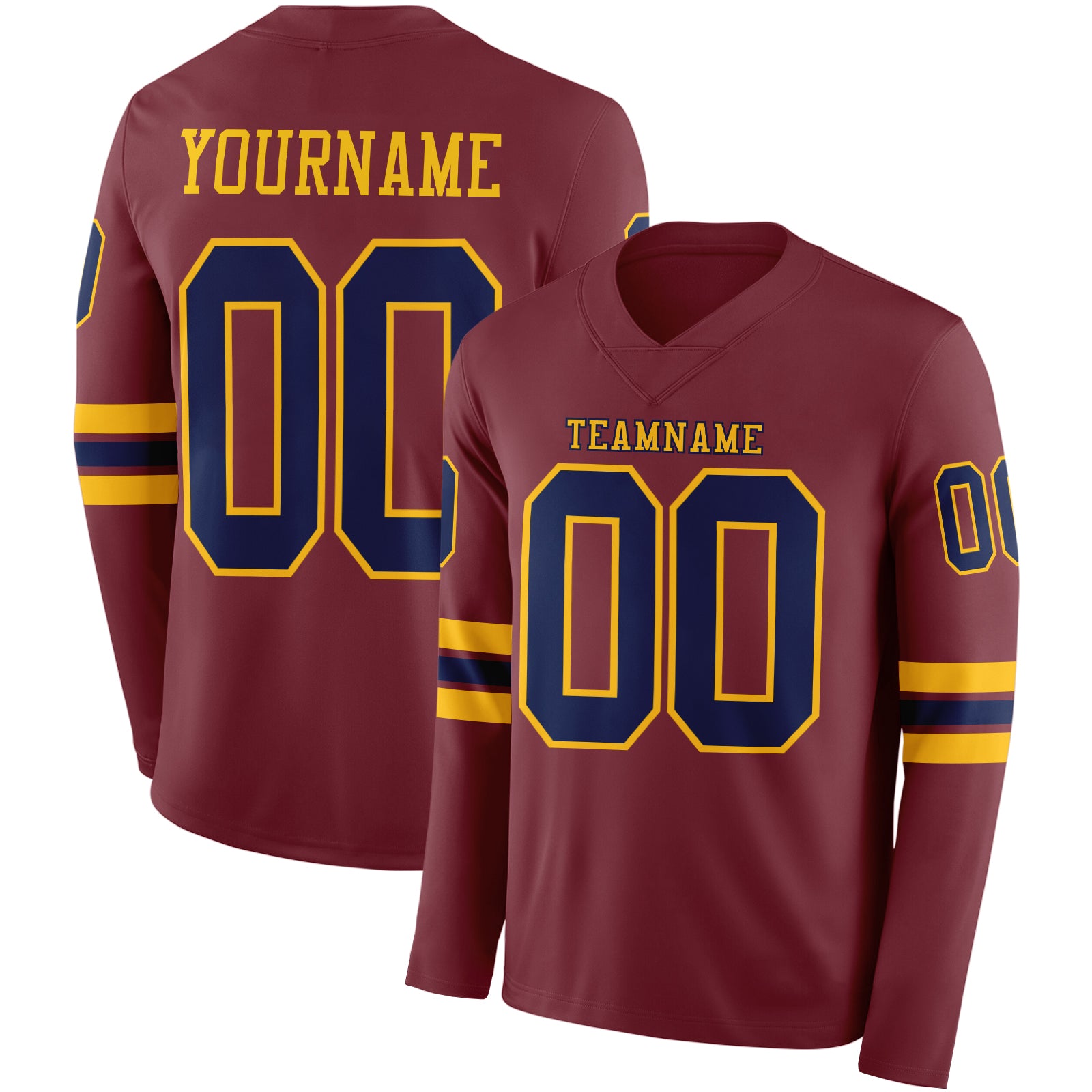 Custom Burgundy Navy-Gold Long Sleeve Authentic Football Jersey
