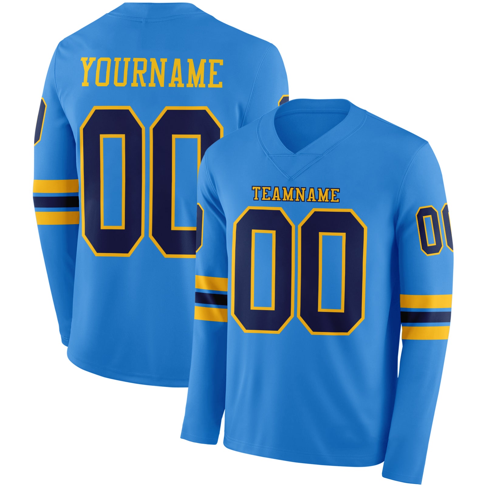 FansIdea Custom Powder Blue Navy-Gold Long Sleeve Authentic Football Jersey - $24.99 at Proof Eyewear