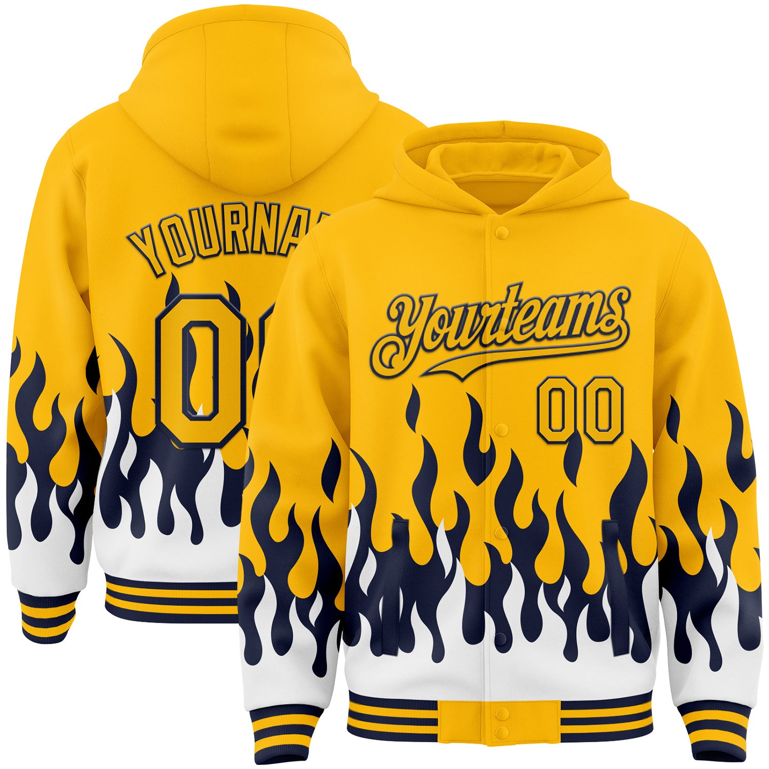 FansIdea Custom Gold Navy-White Fire Flame Bomber Full-Snap Varsity Letterman Hoodie Jacket - $38.99 at Proof Eyewear