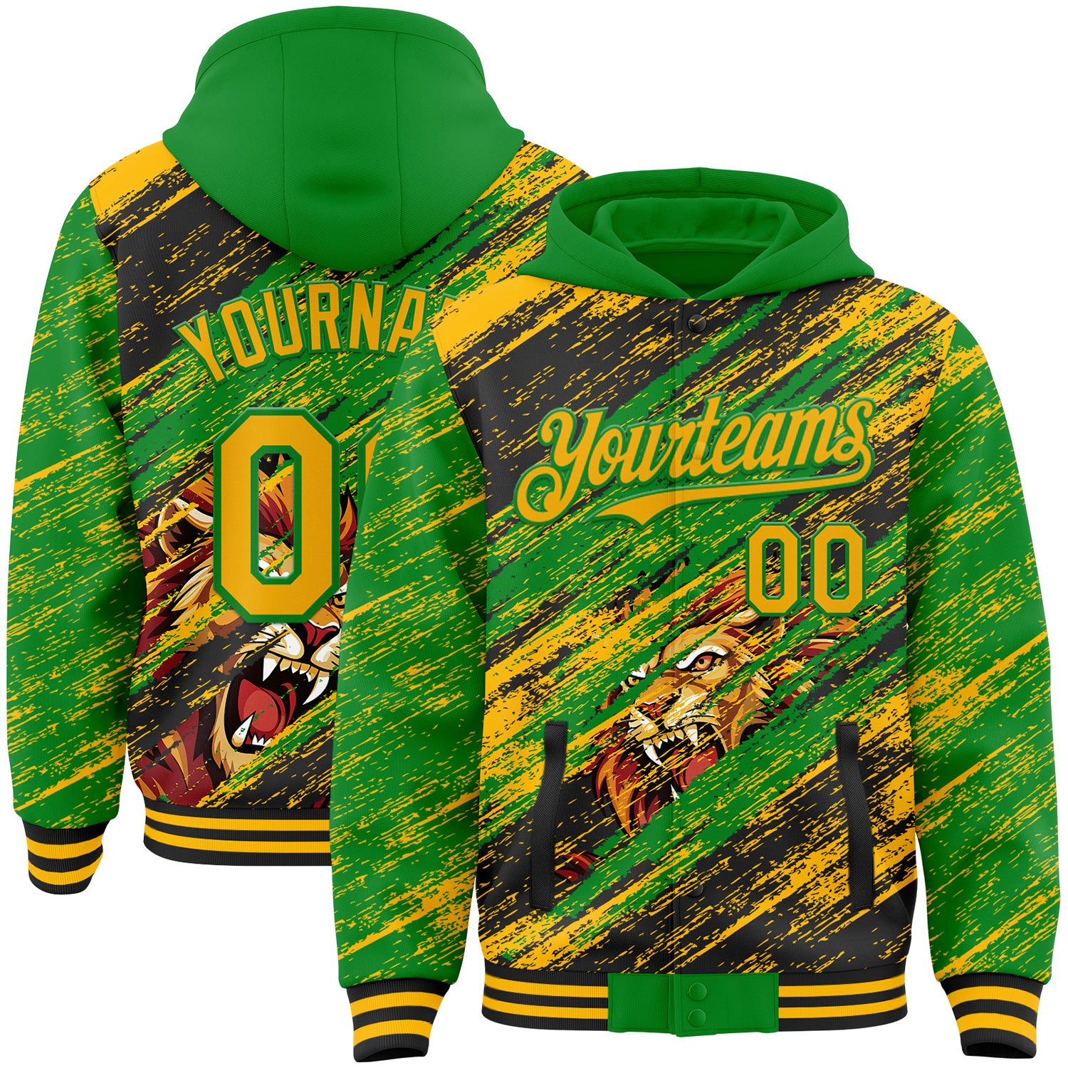 FansIdea Custom Grass Green Gold-Black Lion Scratch Brush Stroke Bomber Full-Snap Varsity Letterman Hoodie Jacket - $38.99 at Proof Eyewear