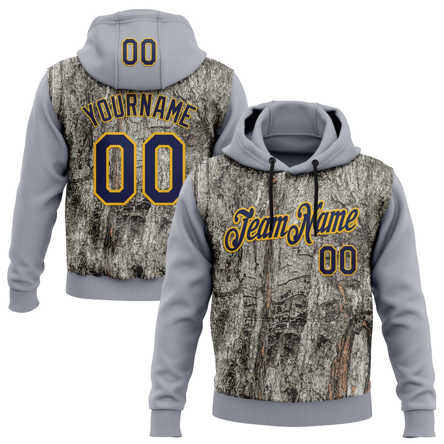 FansIdea Custom Stitched Gray Navy-Gold 3D Pattern Design Tree Camo Hunting Sports Pullover Sweatshirt Hoodie - $32.99 at Proof Eyewear