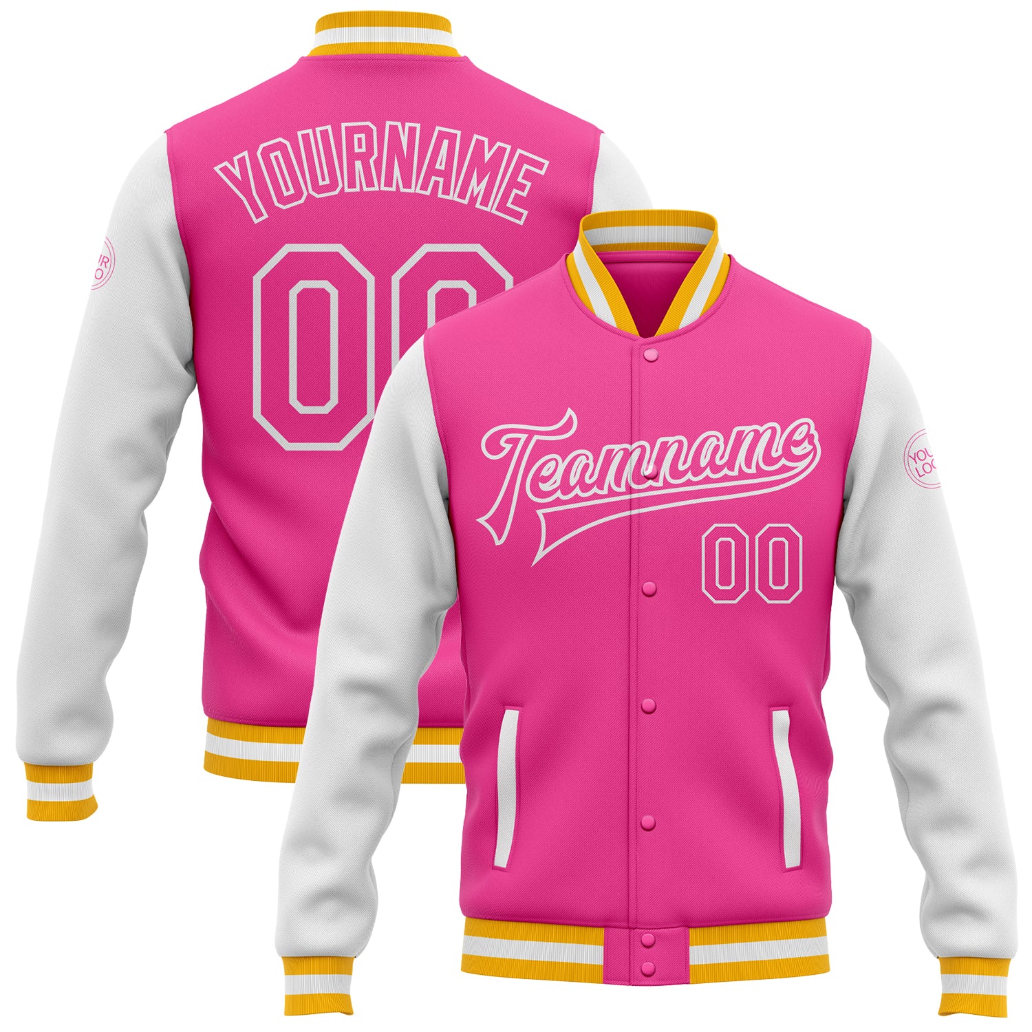 FansIdea Custom Pink Gold-White Bomber Full-Snap Varsity Letterman Two Tone Jacket - $38.99 at Proof Eyewear