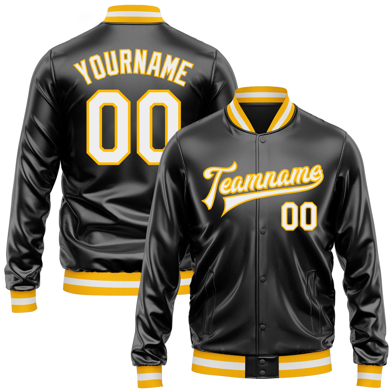 Custom Black White-Gold Bomber Full-Snap Varsity Faux Leather Letterman Jacket