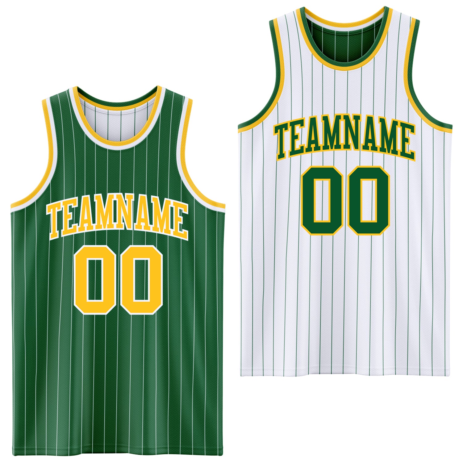FansIdea Custom Kelly Green White Pinstripe-Gold Reversible Double Side Sublimation Basketball Set Jersey - $17.99 at Proof Eyewear