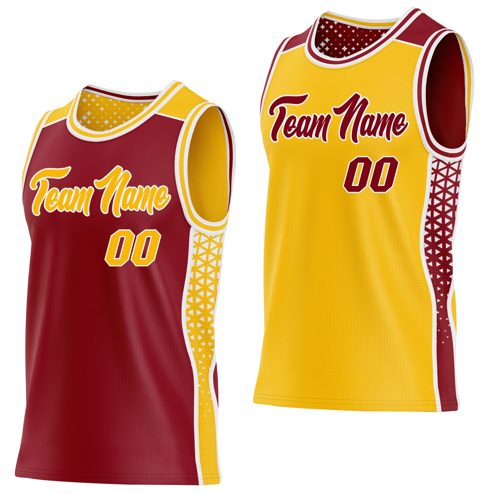 FansIdea Custom Maroon Gold-White Side Panel Stripe Geometric Triangle Gradient Dot Reversible Double Side Sublimation Basketball Set Jersey - $17.99 at Proof Eyewear