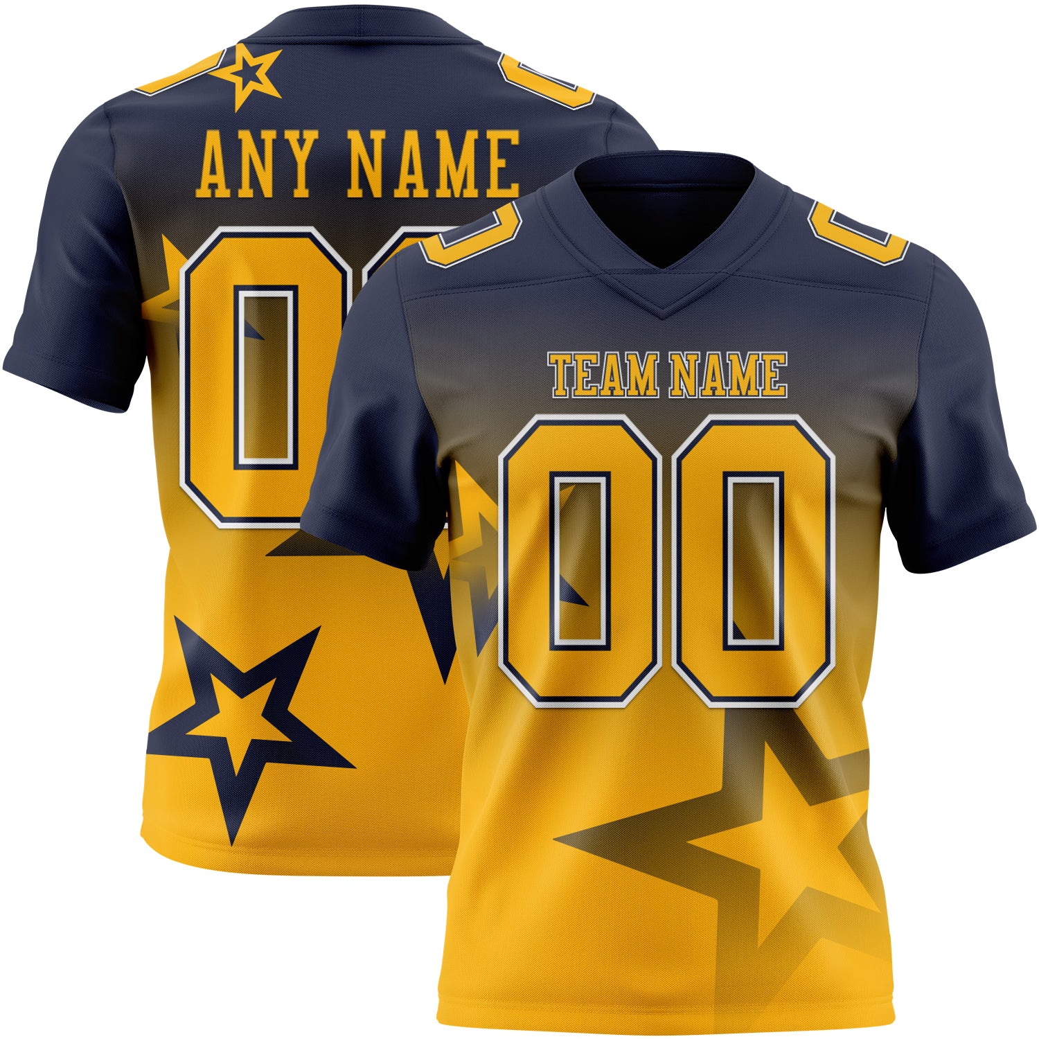 FansIdea Custom Navy Gold-White Authentic Gradient Style Twinkle Star Football Jersey - $19.99 at Proof Eyewear
