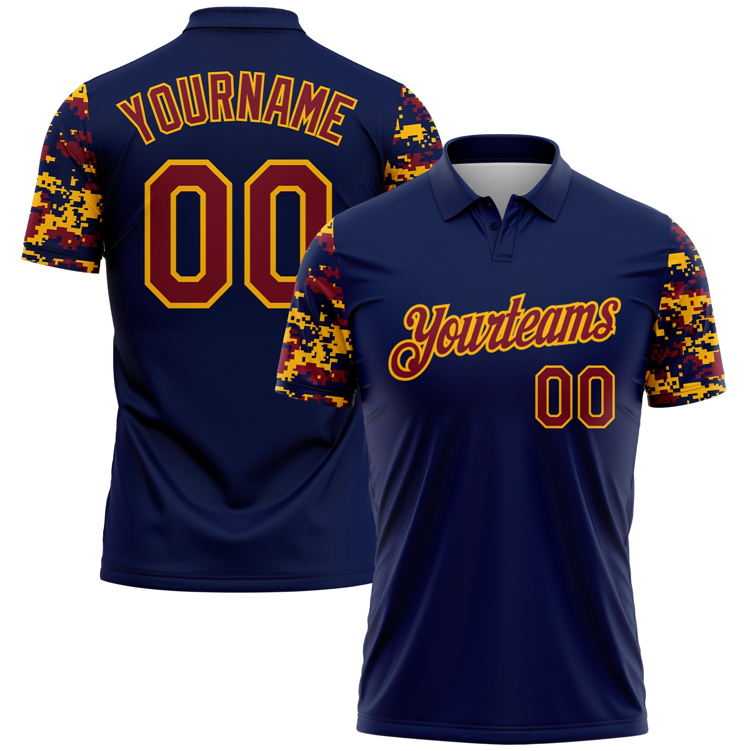 FansIdea Custom Navy Crimson-Gold Digital Camo Two Tone Performance Polo Shirt - $19.99 at Proof Eyewear