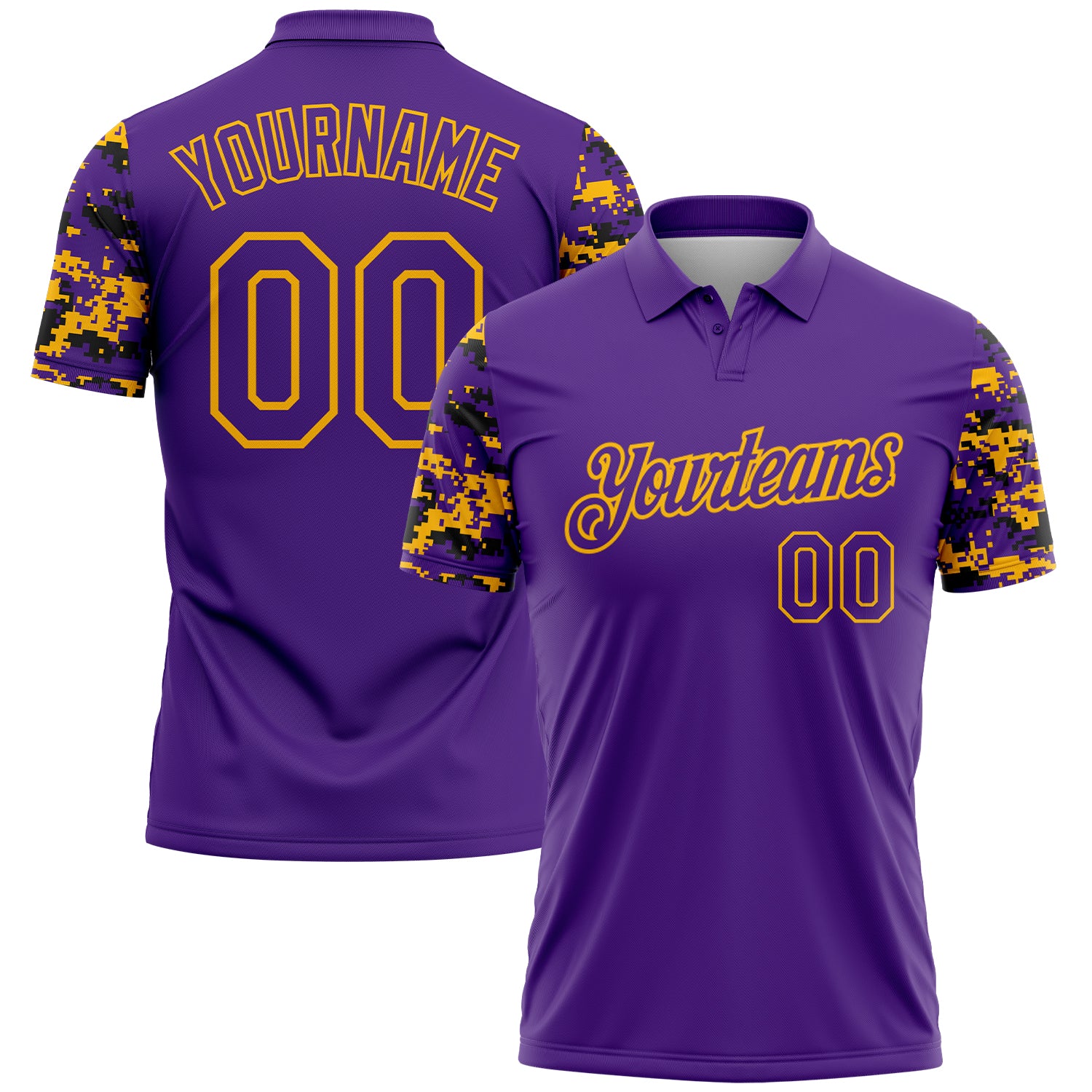 FansIdea Custom Purple Black-Gold Digital Camo Two Tone Performance Polo Shirt - $19.99 at Proof Eyewear