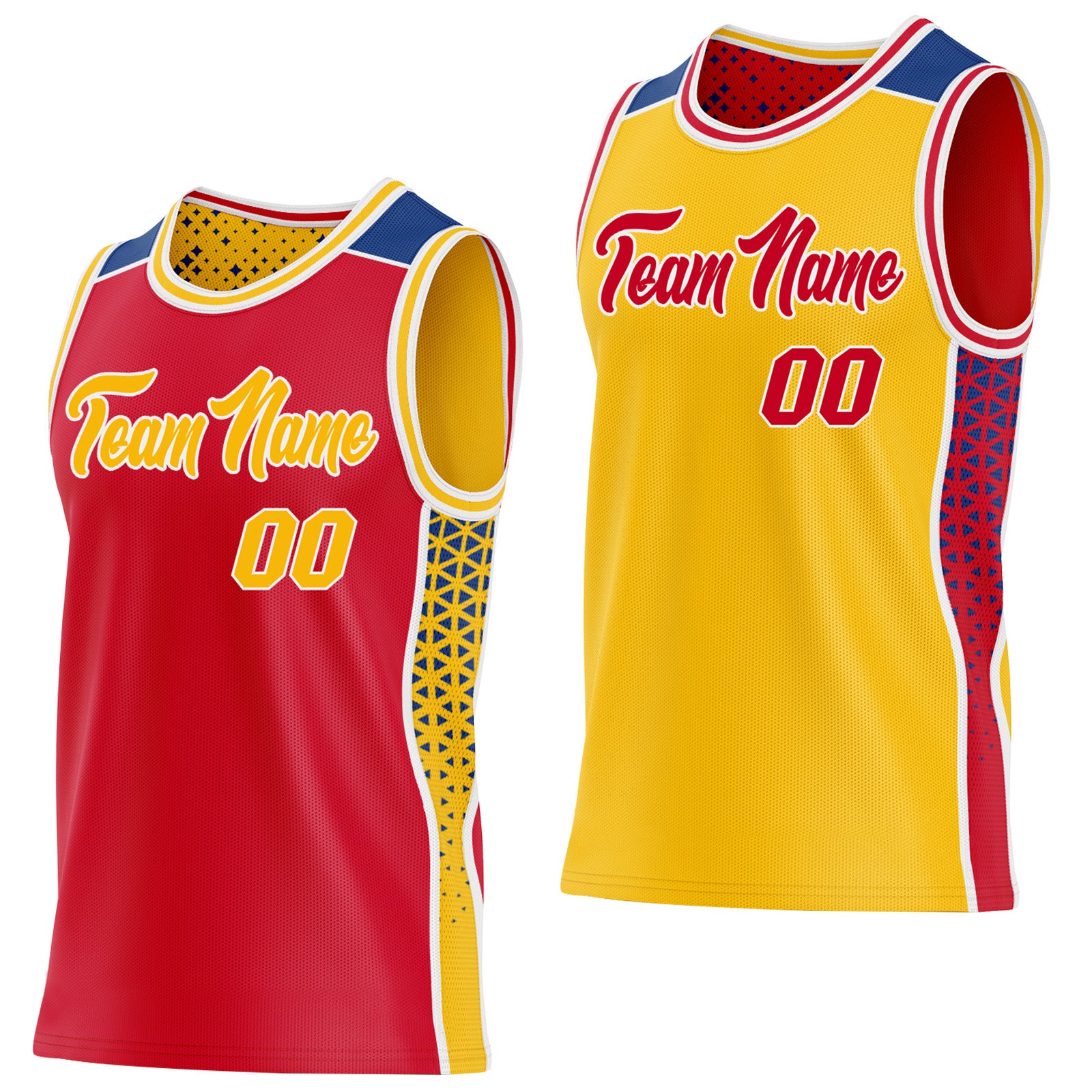 FansIdea Custom Red Gold White-Royal Side Panel Stripe Geometric Triangle Gradient Dot Reversible Double Side Sublimation Basketball Set Jersey - $17.99 at Proof Eyewear