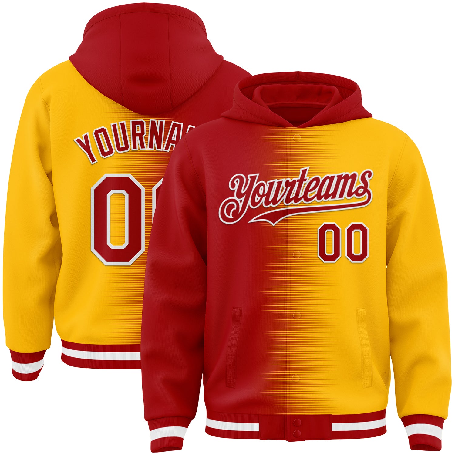 FansIdea Custom Red Gold-White Gradient Line Bomber Full-Snap Varsity Letterman Hoodie Jacket - $38.99 at Proof Eyewear
