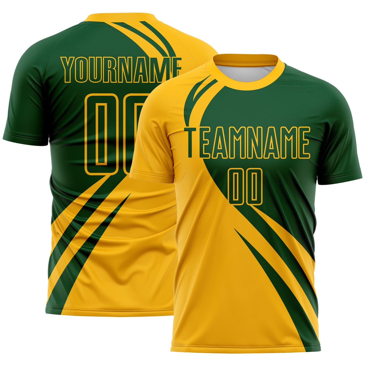 FansIdea Custom Gold Green Diagonal Streamline Color Block Swirl Curve Lines Sublimation Soccer Uniform Jersey - $16.99 at Proof Eyewear