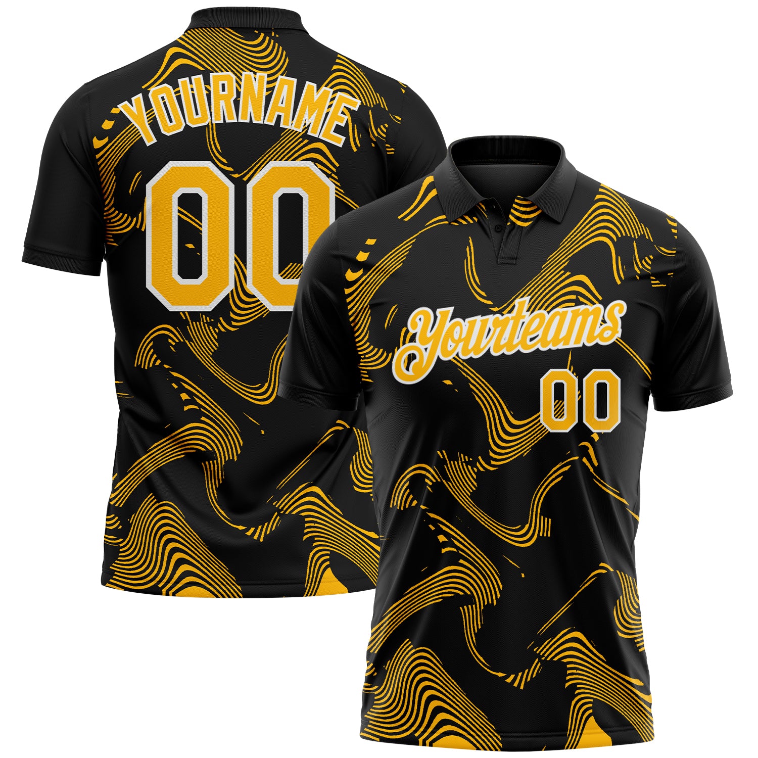 FansIdea Custom Black Gold-White 3D Pattern Abstract Fluid Swirl Line Performance Polo Shirt - $19.99 at Proof Eyewear