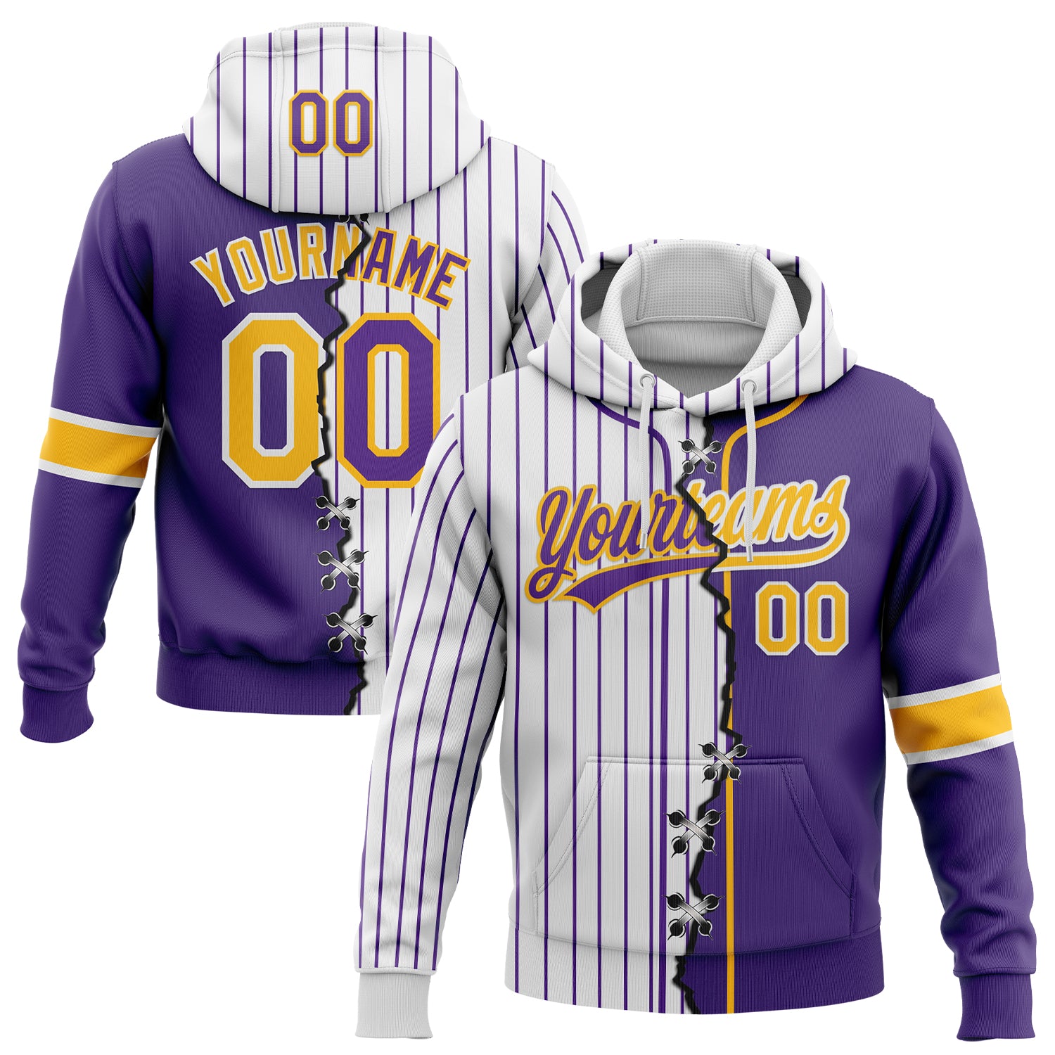 FansIdea Custom White Purple Pinstripe-Gold Split Ripped Pattern Baseball Pullover Sweatshirt Hoodie - $32.99 at Proof Eyewear