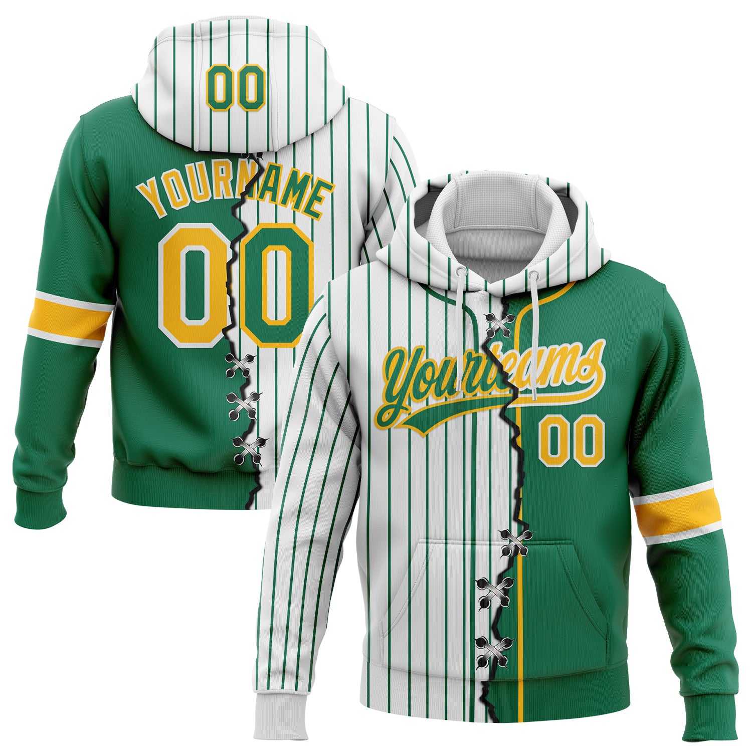 FansIdea Custom White Kelly Green Pinstripe-Gold Split Ripped Pattern Baseball Pullover Sweatshirt Hoodie - $32.99 at Proof Eyewear