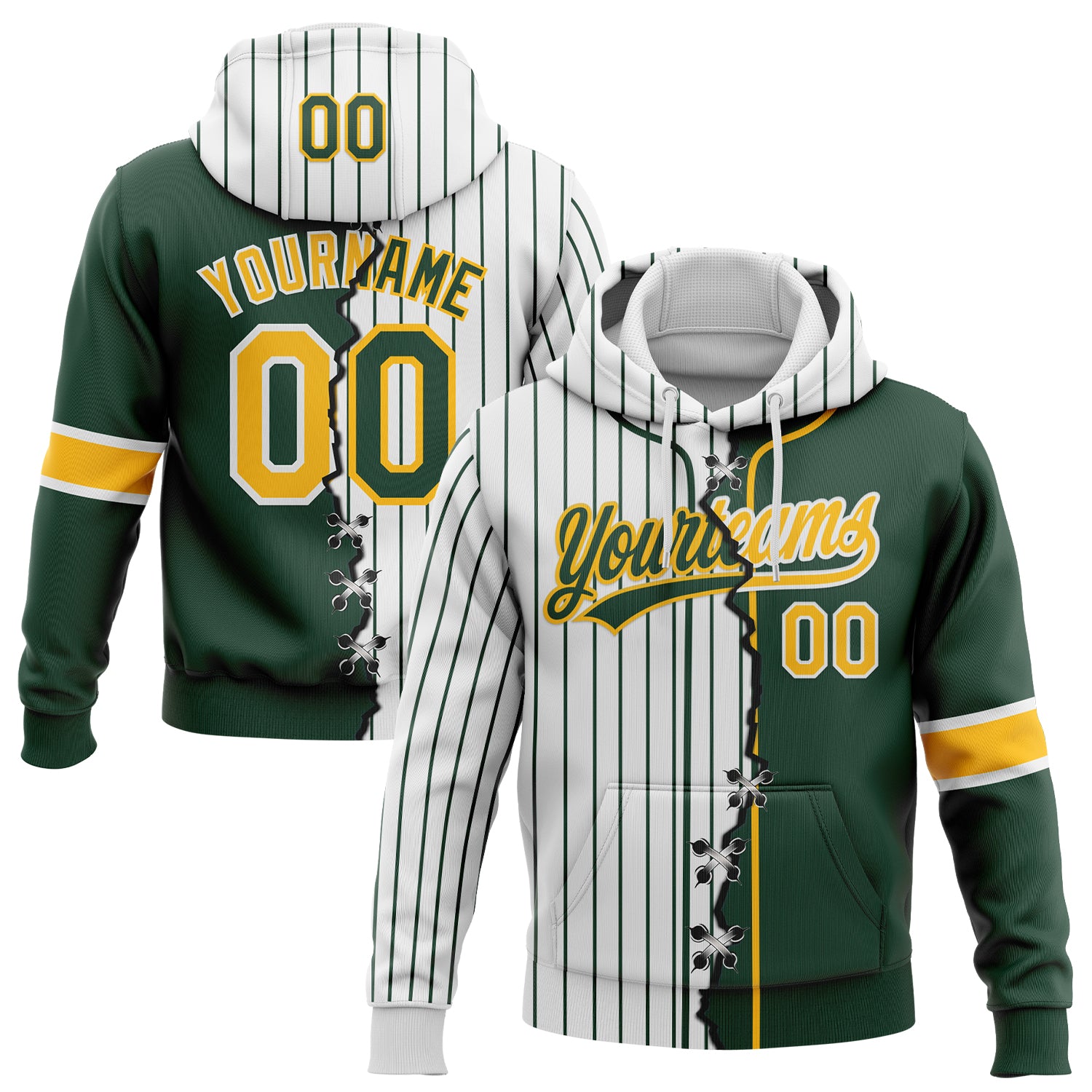 FansIdea Custom White Green Pinstripe-Gold Split Ripped Pattern Baseball Pullover Sweatshirt Hoodie - $32.99 at Proof Eyewear