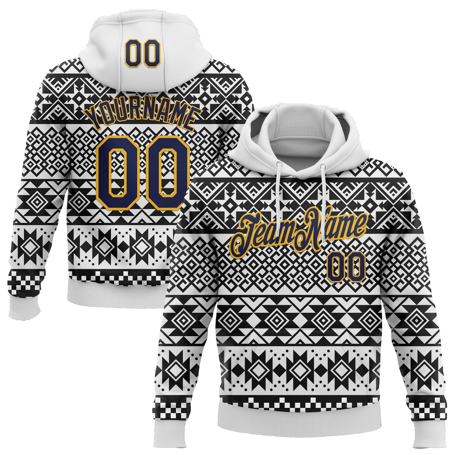 FansIdea Custom Stitched White Navy-Gold 3D Pattern Design Tribal Ethnic Native American Sports Pullover Sweatshirt Hoodie - $32.99 at Proof Eyewear