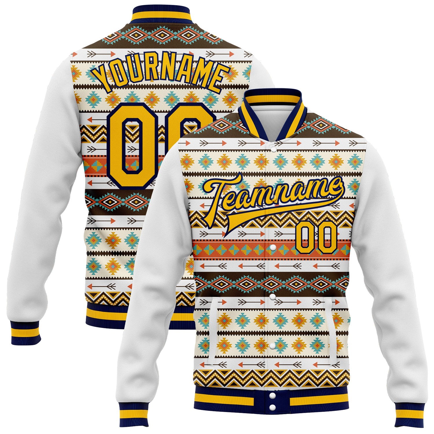 FansIdea Custom White Gold-Navy Southwestern Geometric Aztec Bomber Full-Snap Varsity Letterman Jacket - $38.99 at Proof Eyewear