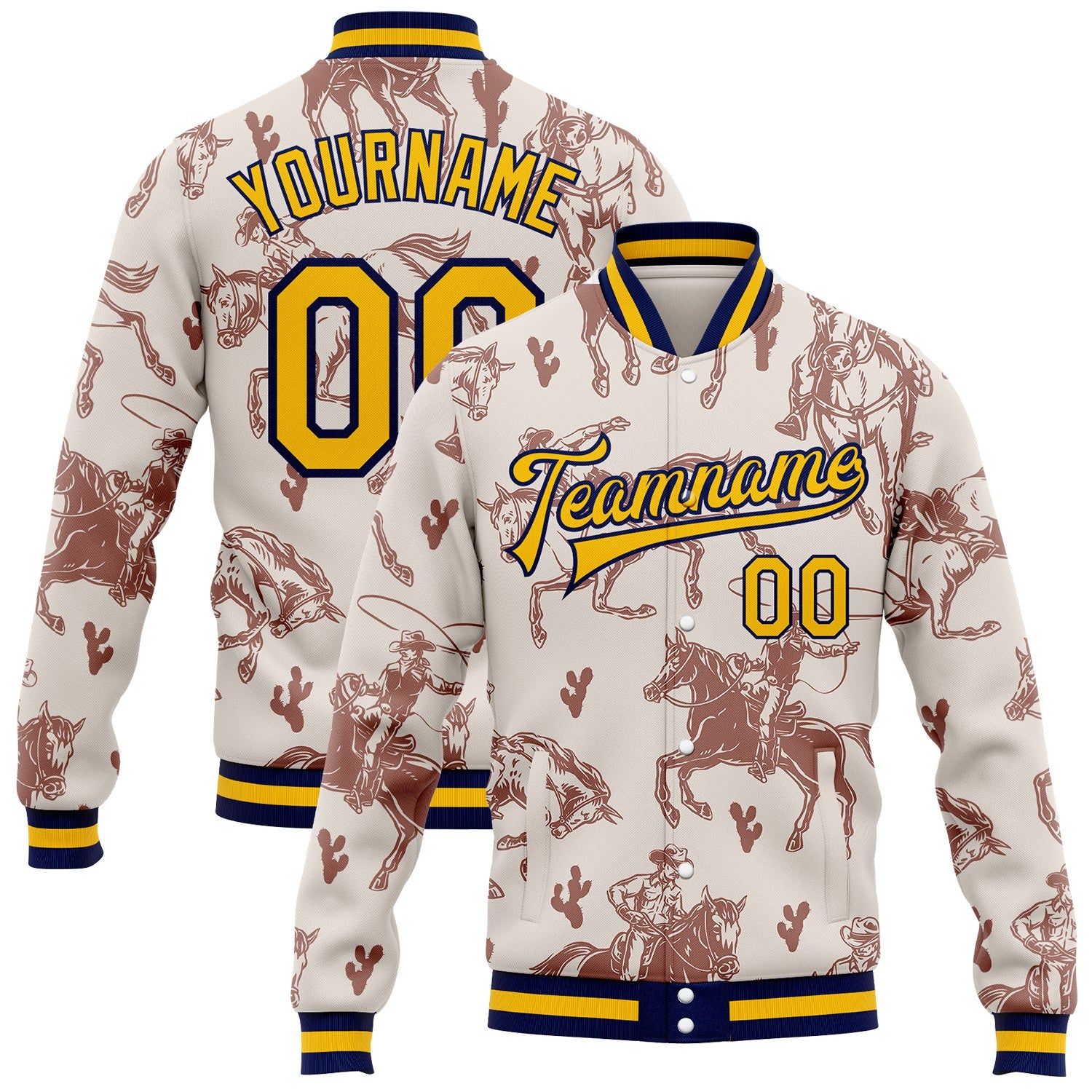 FansIdea Custom White Gold-Navy Western Cowboy Bomber Full-Snap Varsity Letterman Jacket - $38.99 at Proof Eyewear