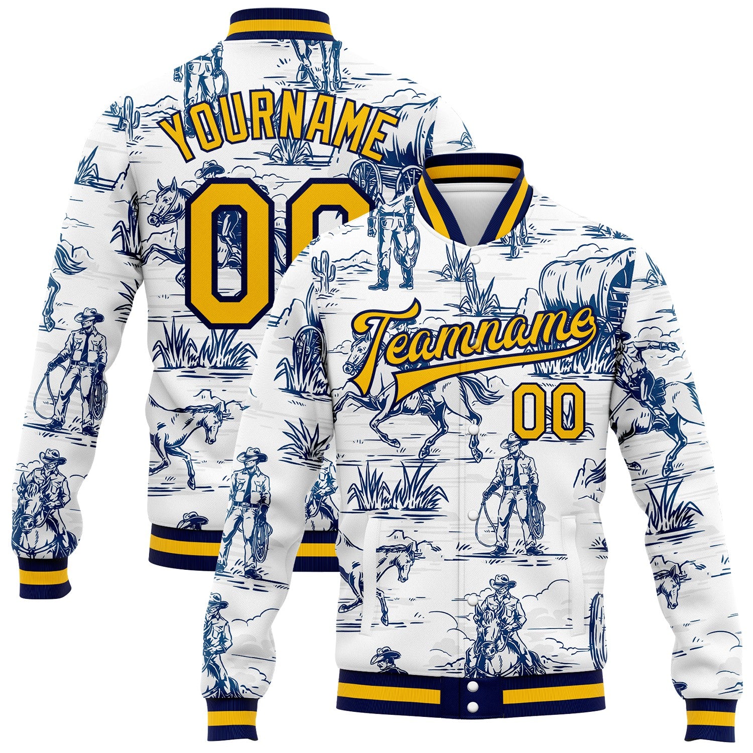 FansIdea Custom White Gold-Navy Wild Western Cowboy Bomber Full-Snap Varsity Letterman Jacket - $38.99 at Proof Eyewear