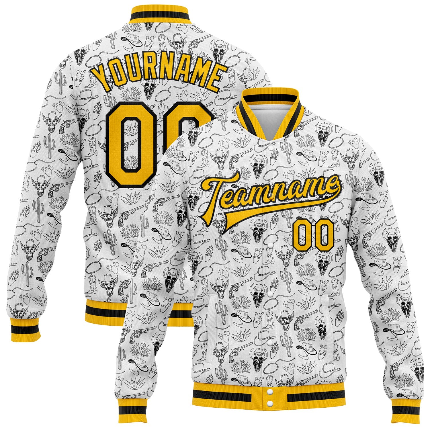 FansIdea Custom White Gold-Black Western Cowboy Cactus Bomber Full-Snap Varsity Letterman Jacket - $38.99 at Proof Eyewear