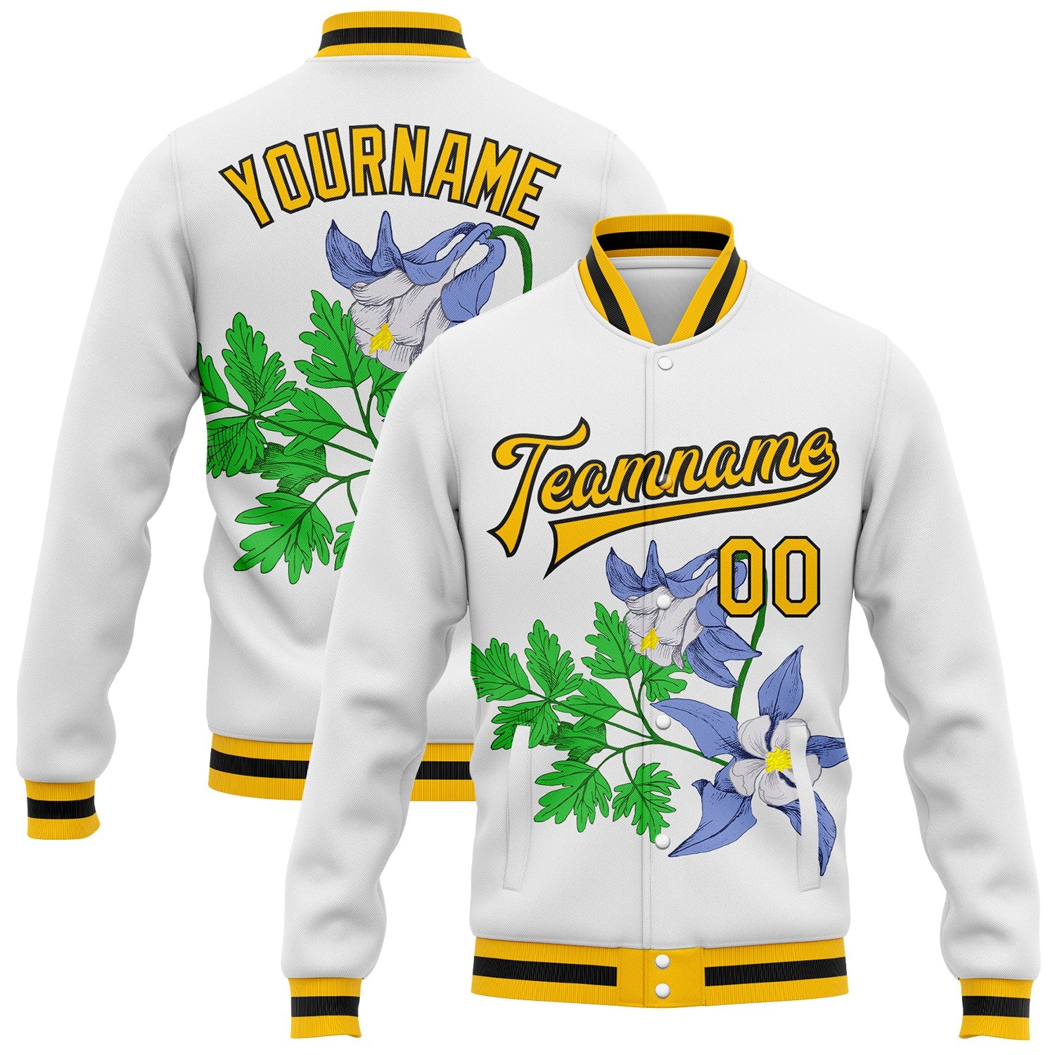 FansIdea Custom White Gold-Black Colorado State Flower Rocky Mountain Columbine Bomber Full-Snap Varsity Letterman Jacket - $38.99 at Proof Eyewear