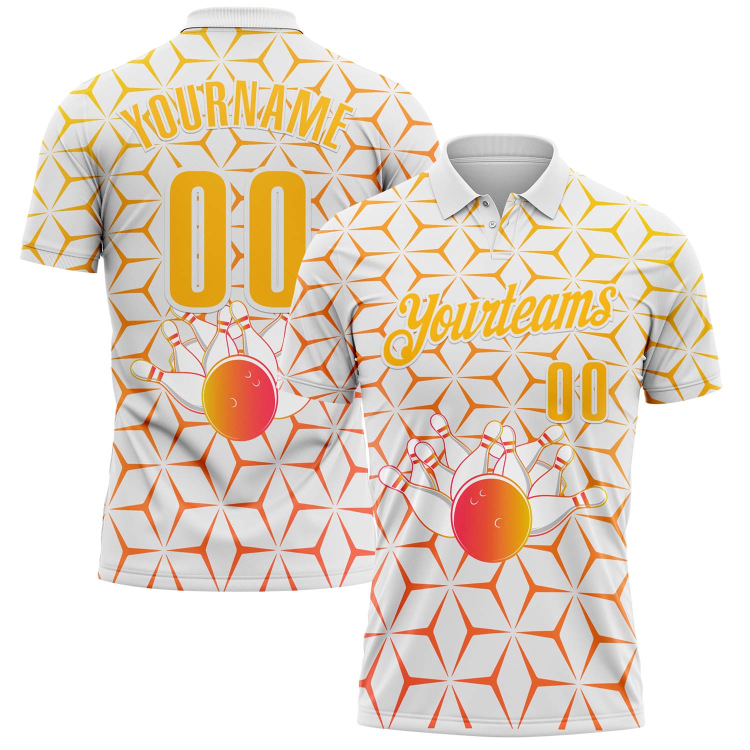 FansIdea Custom White-Gold Bowling Strike Geometric Performance Polo Shirt - $19.99 at Proof Eyewear