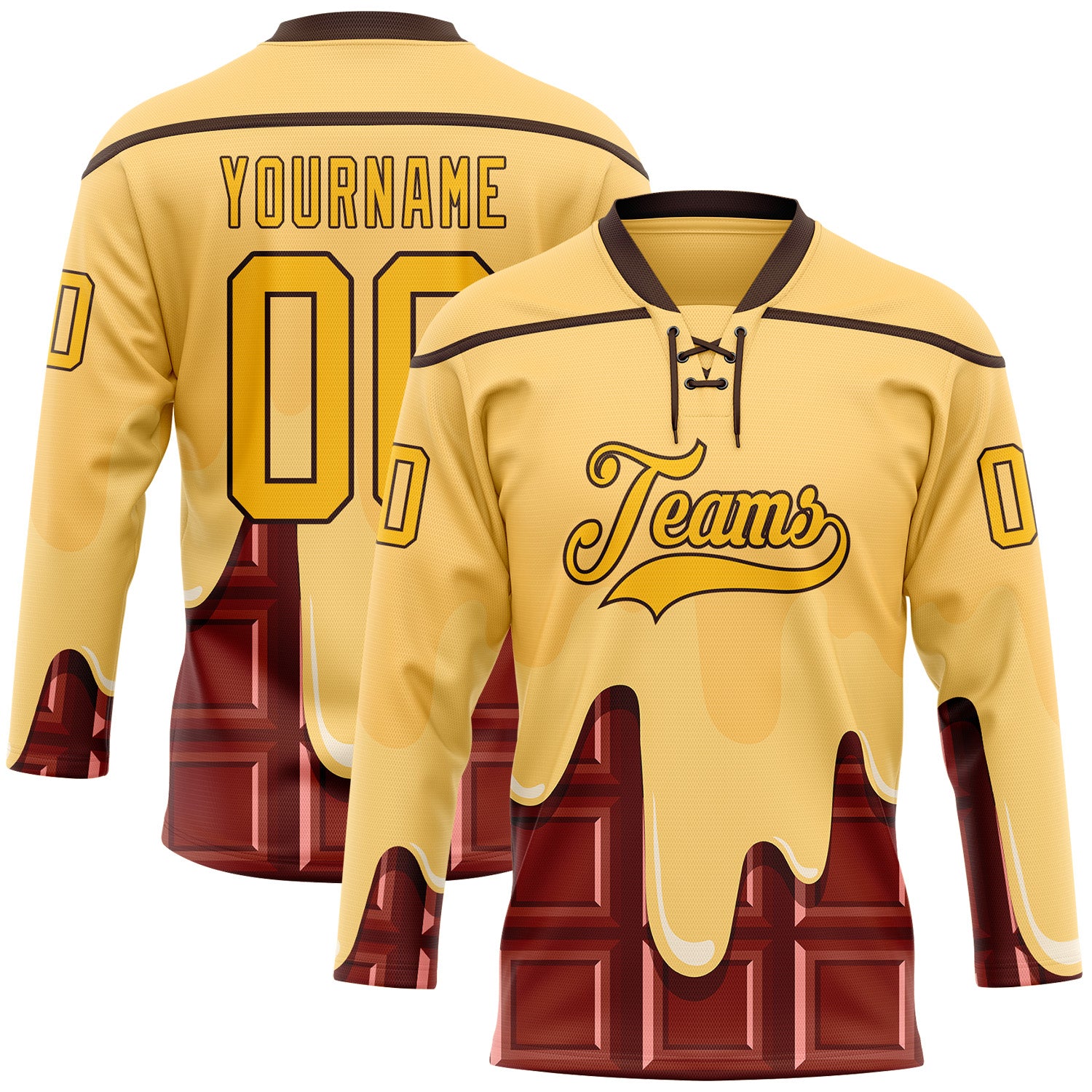 FansIdea Custom Yellow Gold-Brown Melting Foodie Chocolate Honey Lace Neck Hockey Jersey - $29.99 at Proof Eyewear