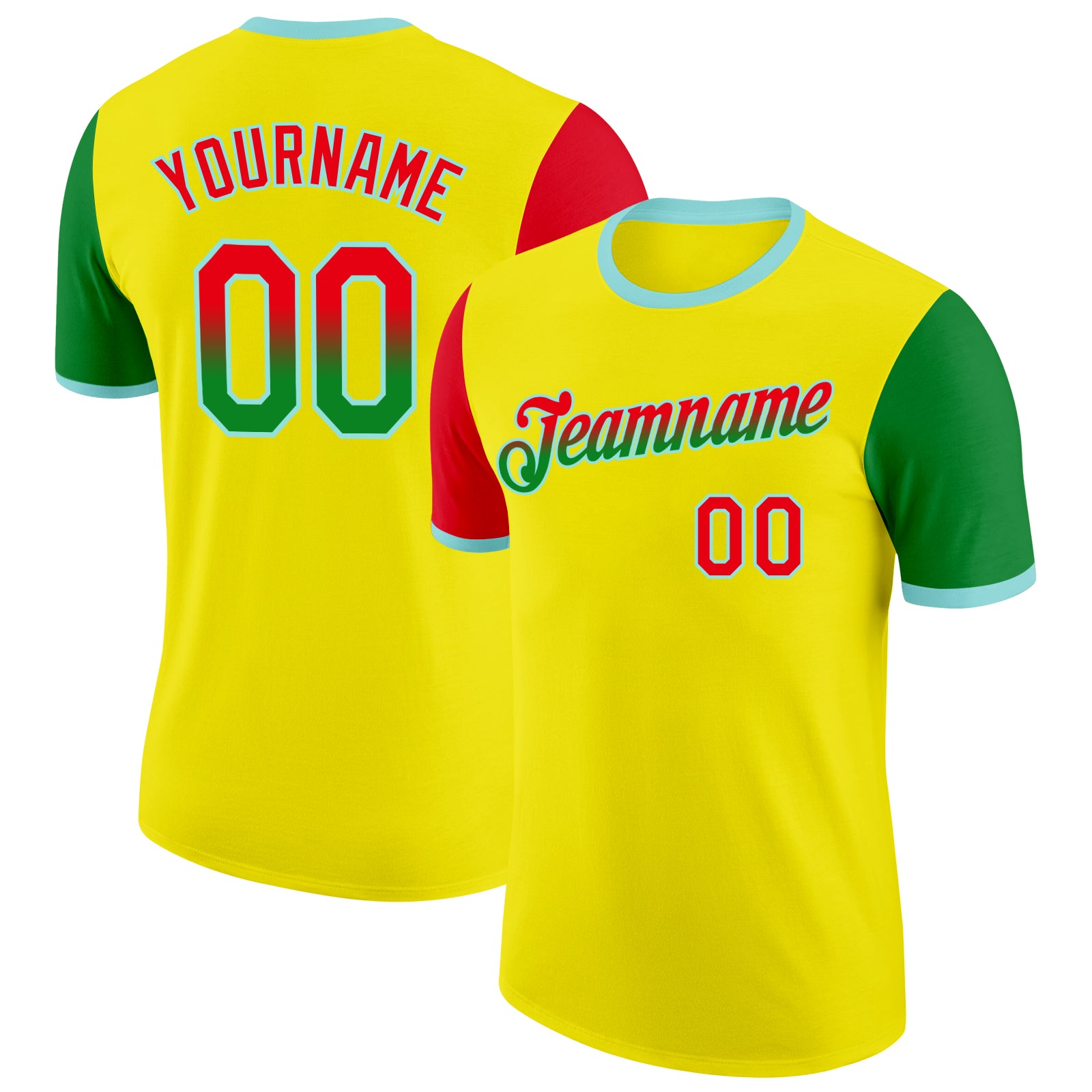 FansIdea Custom Light Yellow Fire Red Grass Green-Ice Blue Gradient Two Tone Performance T-Shirt - $14.99 at Proof Eyewear