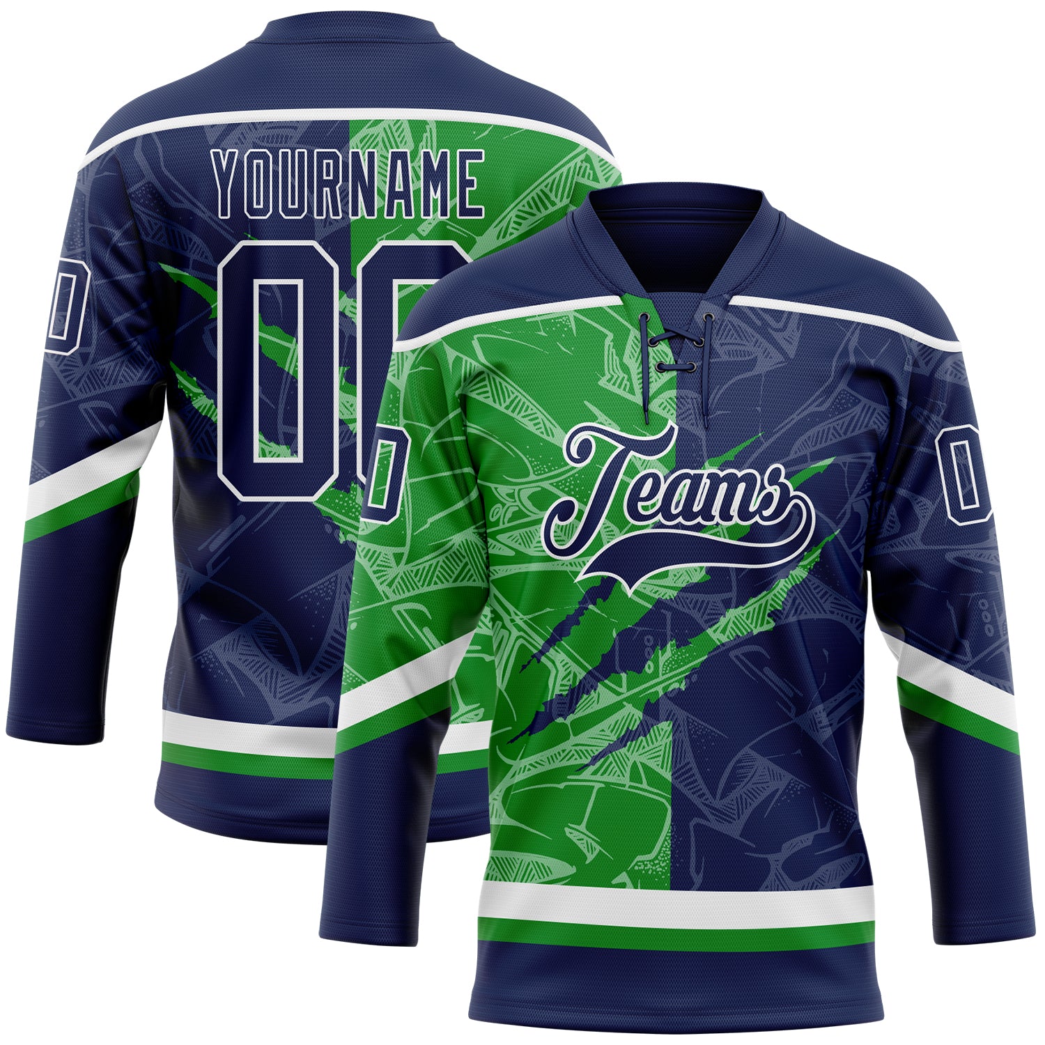 FansIdea Custom Navy Grass Green-White 3D Pattern Gradient Fashion Scratch Hockey Lace Neck Jersey - $29.99 at Proof Eyewear
